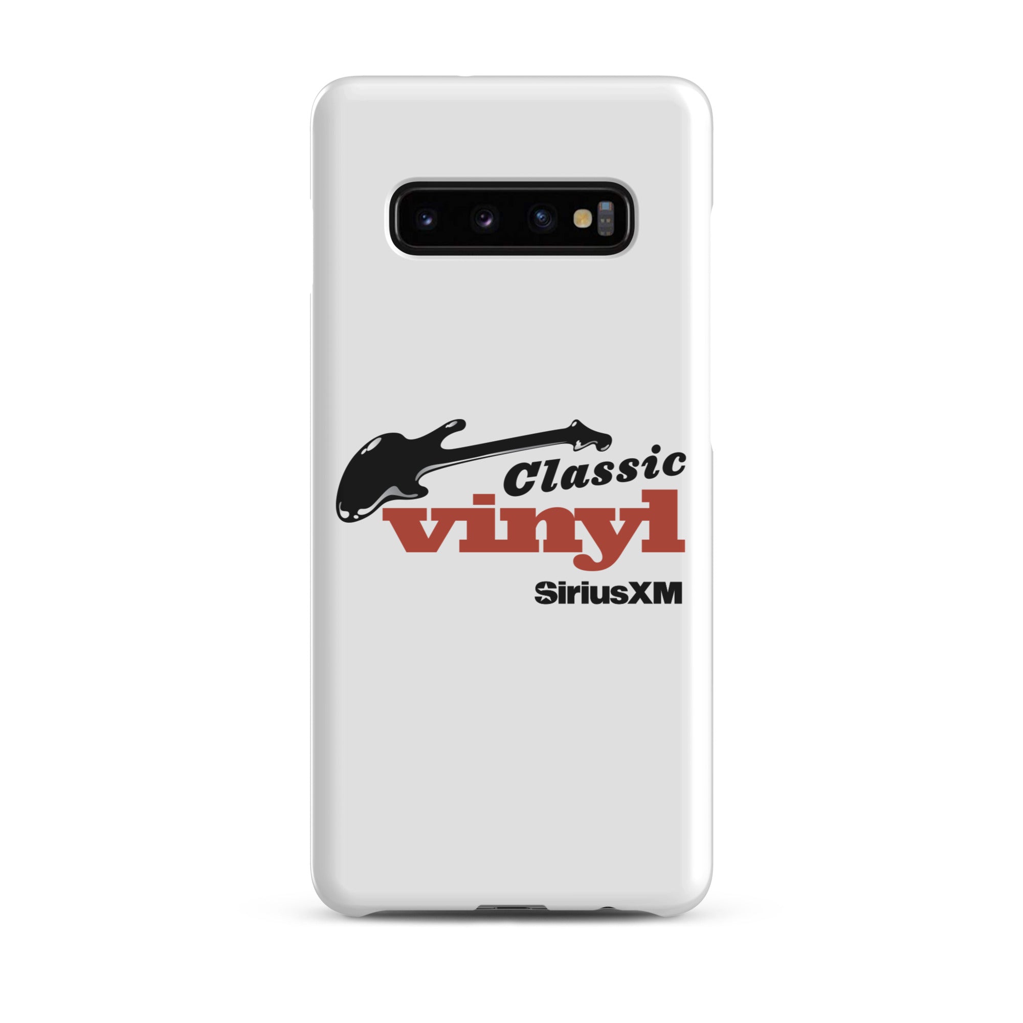 White phone case featuring 'Classic Vinyl' logo in red and black, and a black guitar graphic, with 'SiriusXM' logo.