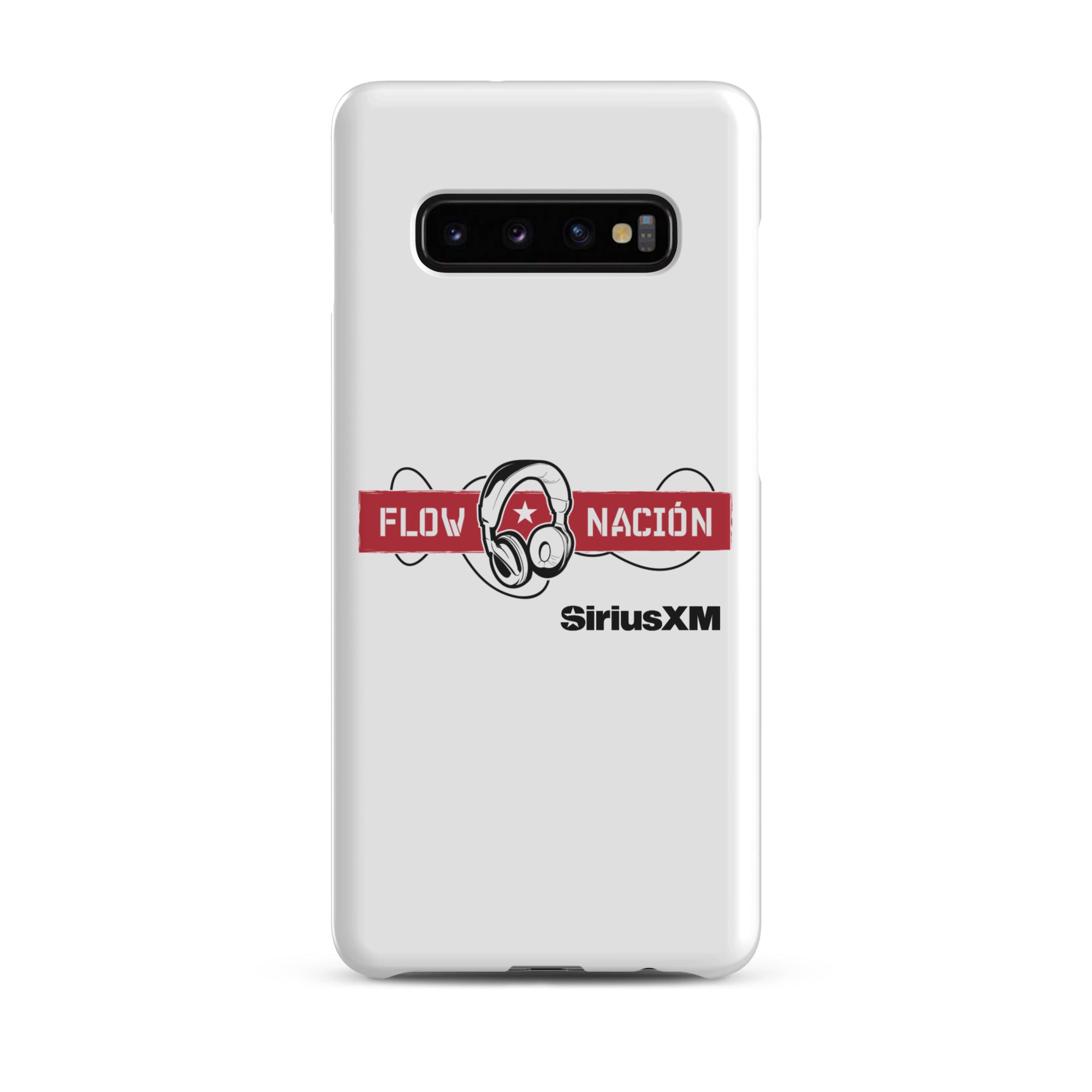 A white phone case featuring the 'FLOW NACIÓN' logo with headphones and the 'SiriusXM' branding.