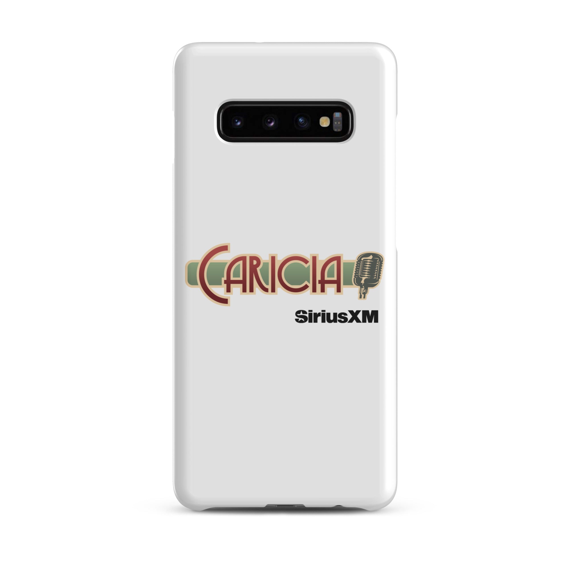 White phone case featuring the text 'CARICIA' and 'SiriusXM' with a microphone graphic.