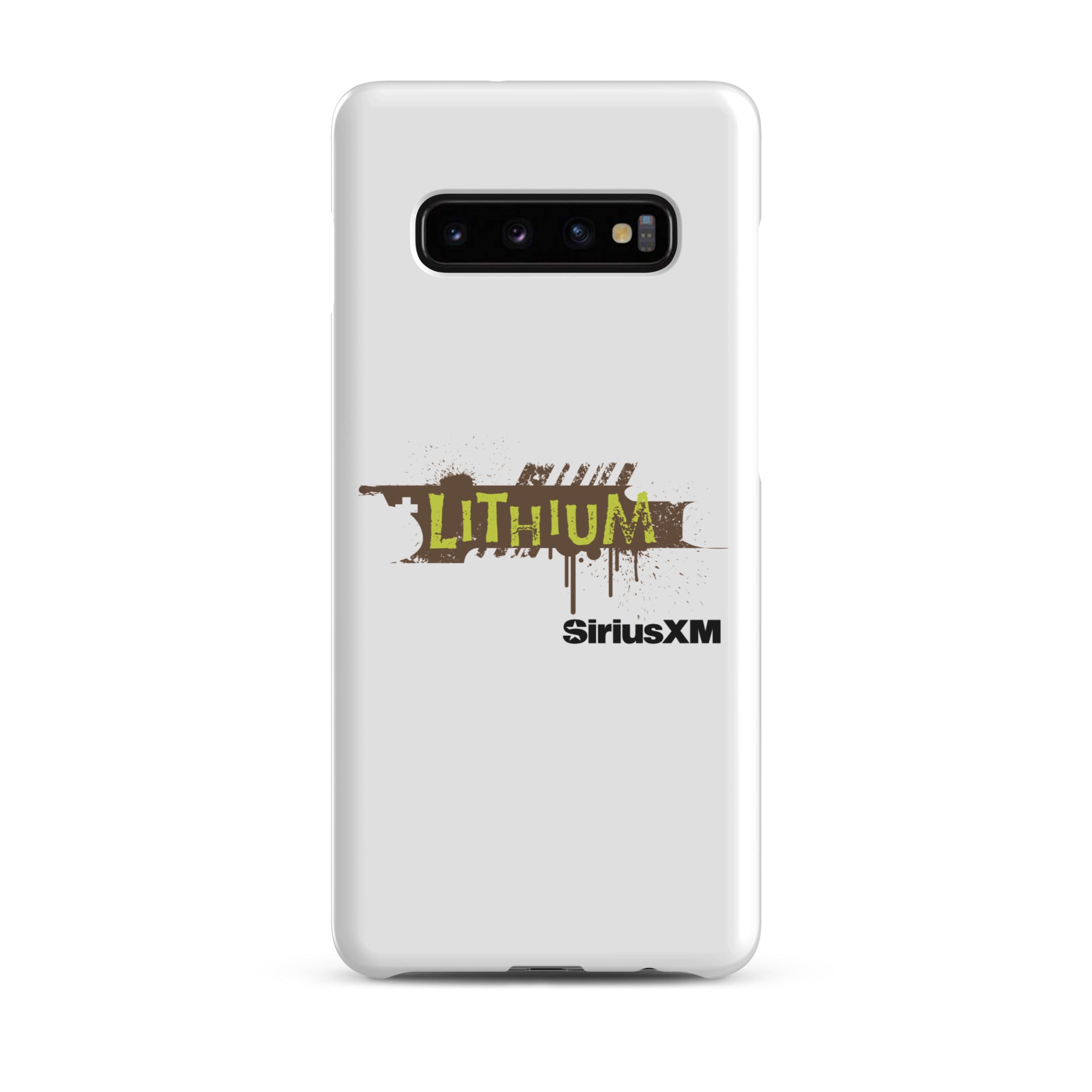 White phone case featuring 'LITHIUM' and 'SiriusXM' logos with a grunge design.