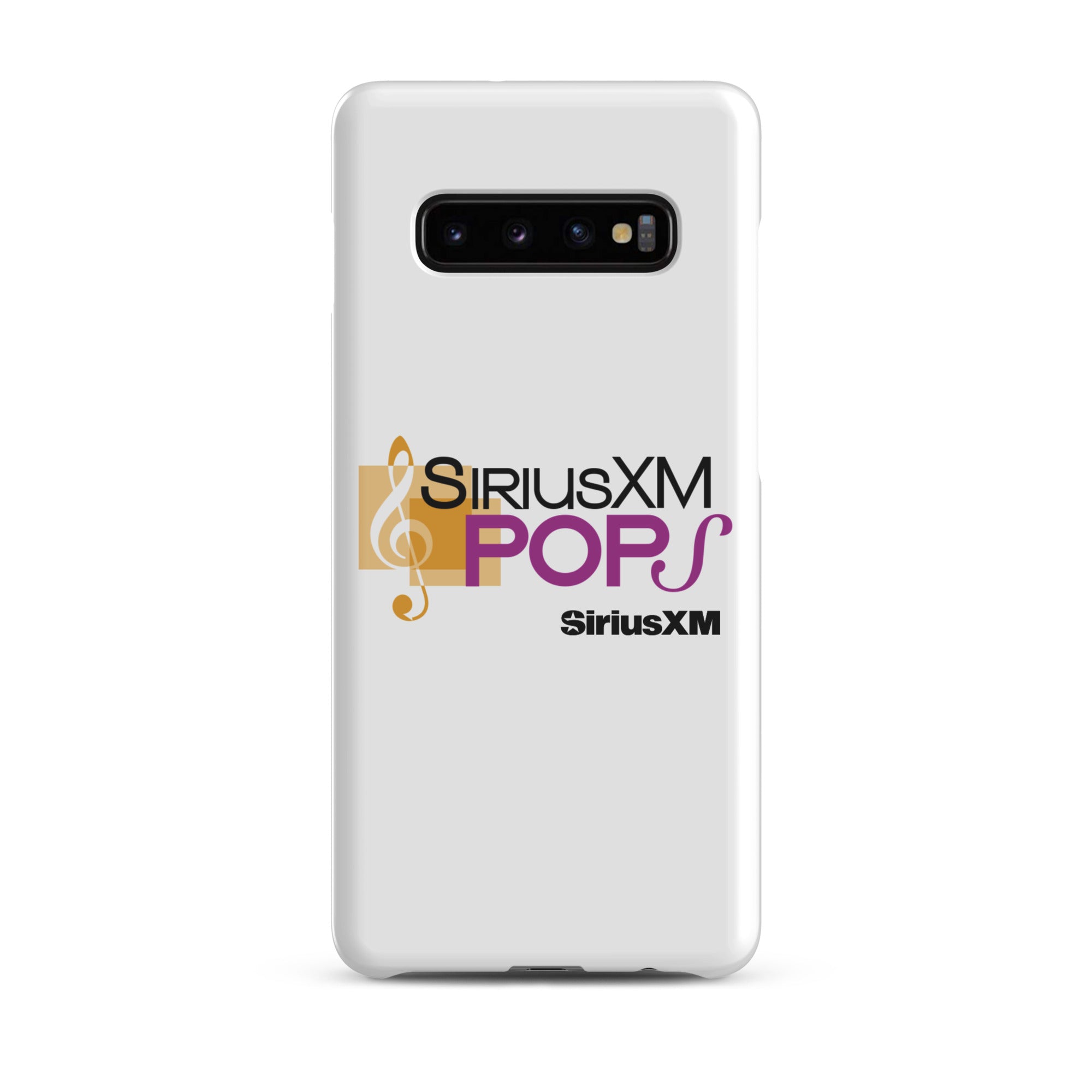 White phone case with 'SiriusXM Pops' logo featuring musical notes and 'SiriusXM' branding.