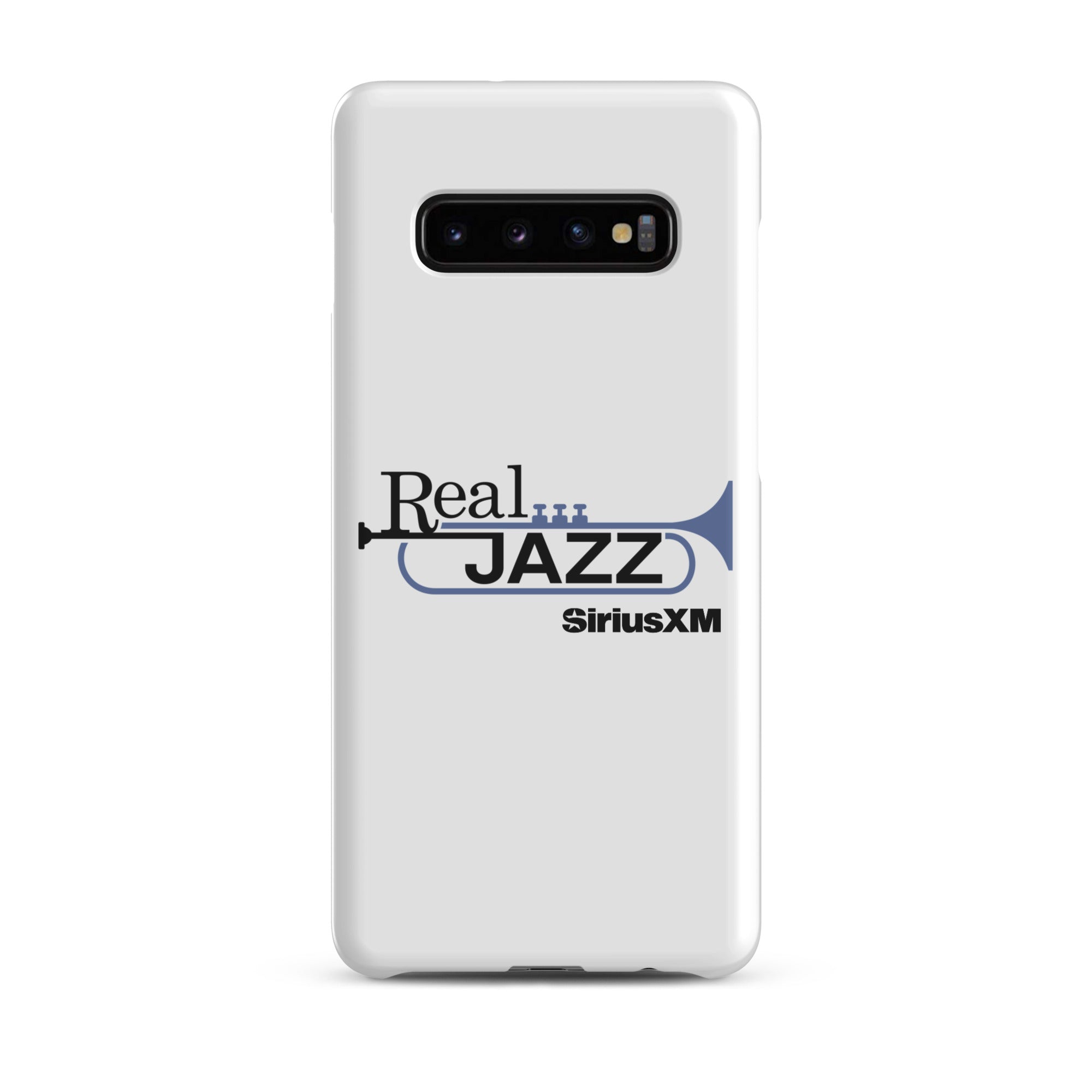 White phone case featuring 'Real Jazz' logo with trumpet and 'SiriusXM' text.