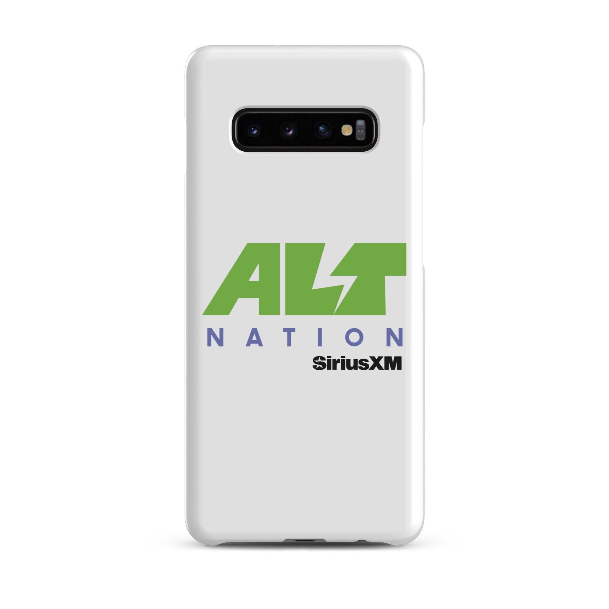 White phone case featuring 'ALT NATION' logo with green and blue text, alongside 'SiriusXM' branding.