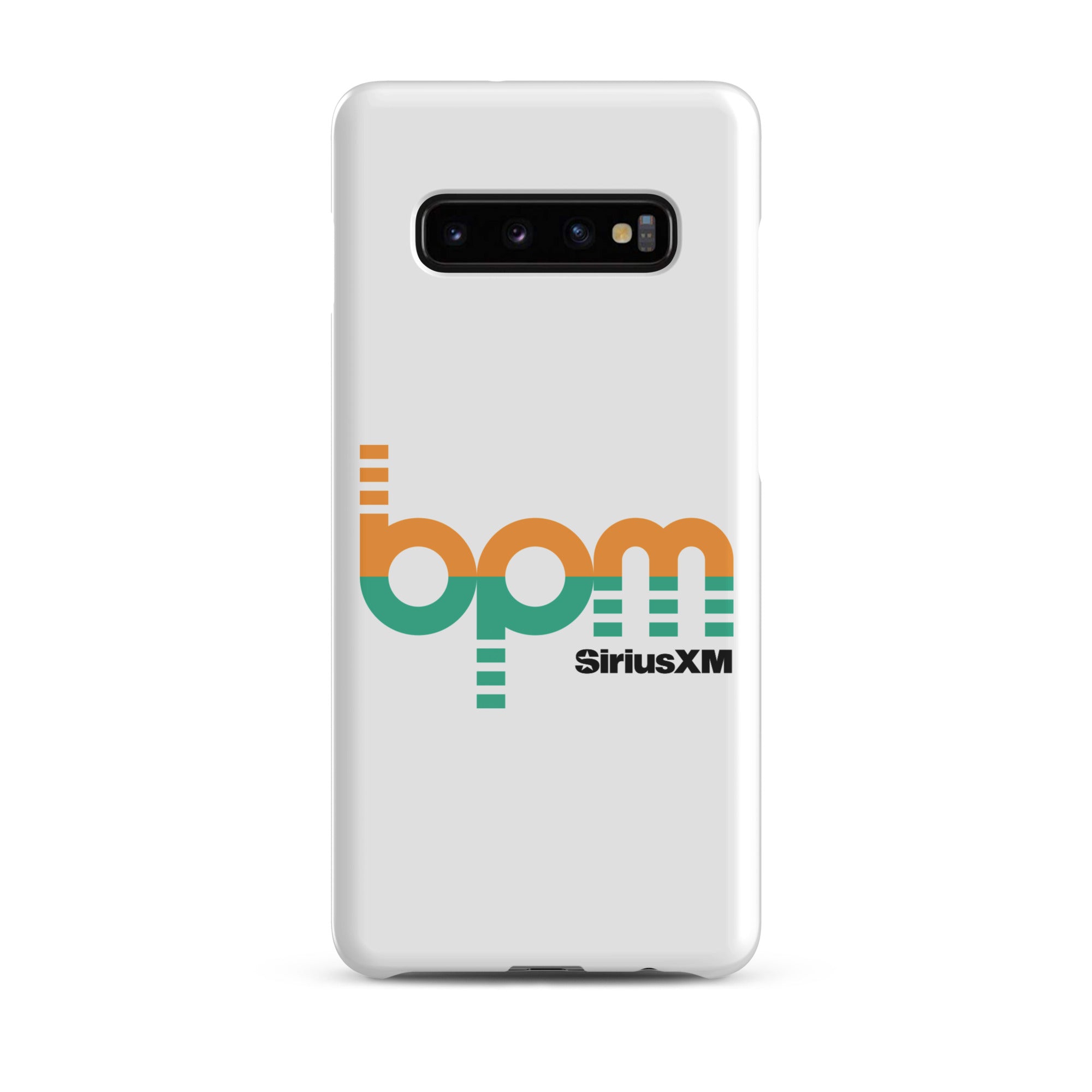 A white phone case featuring the 'BPM SiriusXM' logo in orange and green.