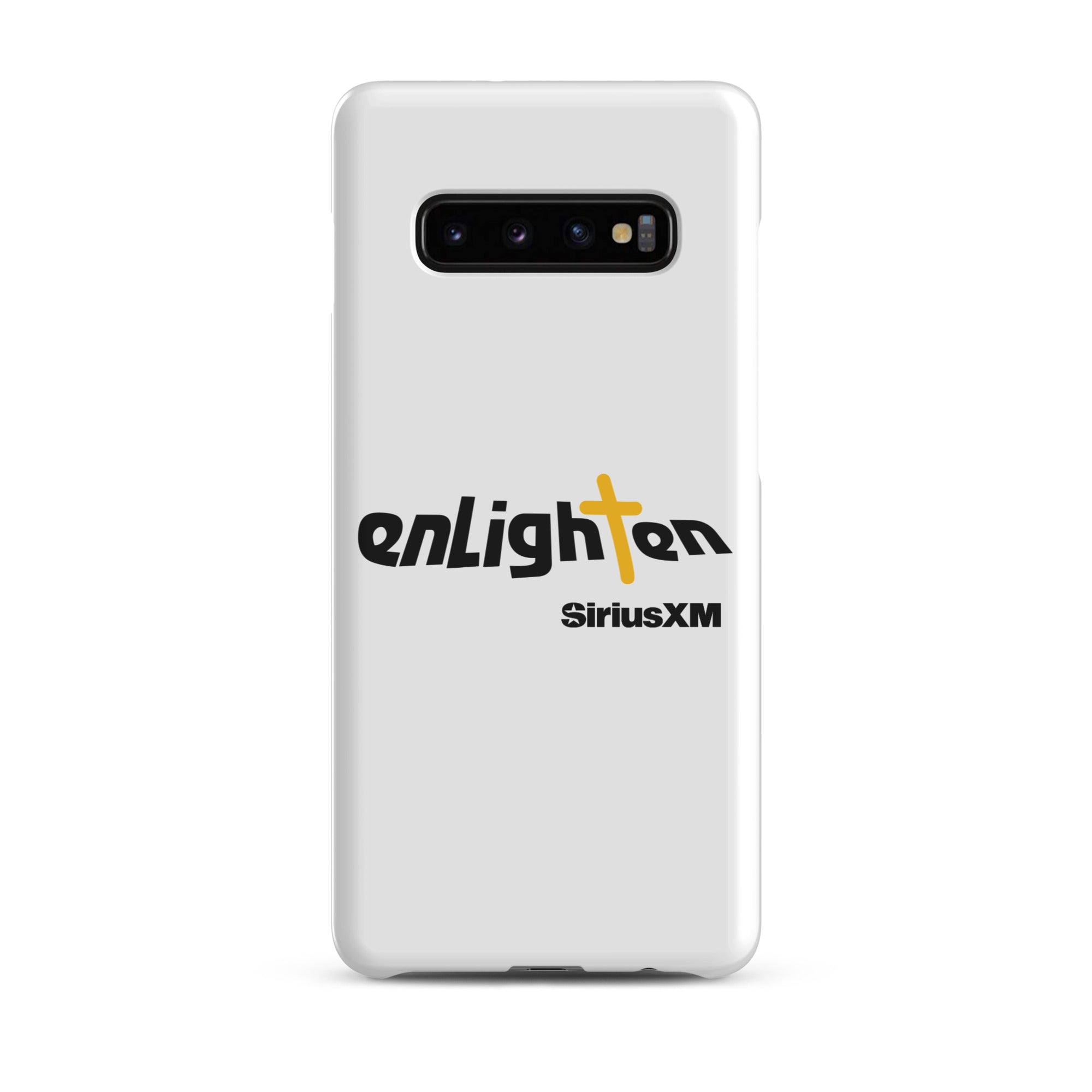 White smartphone case featuring 'enLighten' with black text and a yellow cross and 'SiriusXM' text.