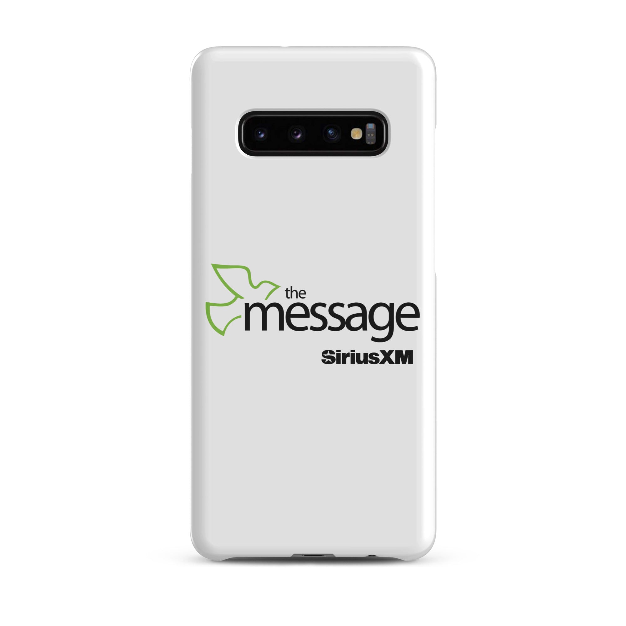 White phone case featuring 'the message' logo alongside 'SiriusXM' branding.