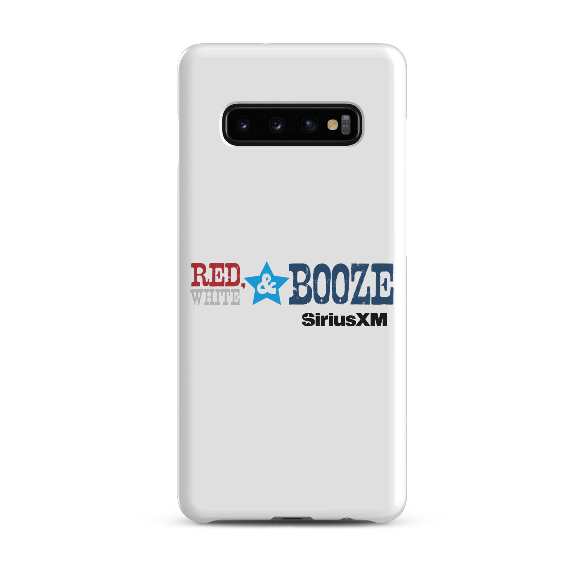 A white phone case featuring the logo 'RED, WHITE & BOOZE' along with 'SiriusXM' logo.