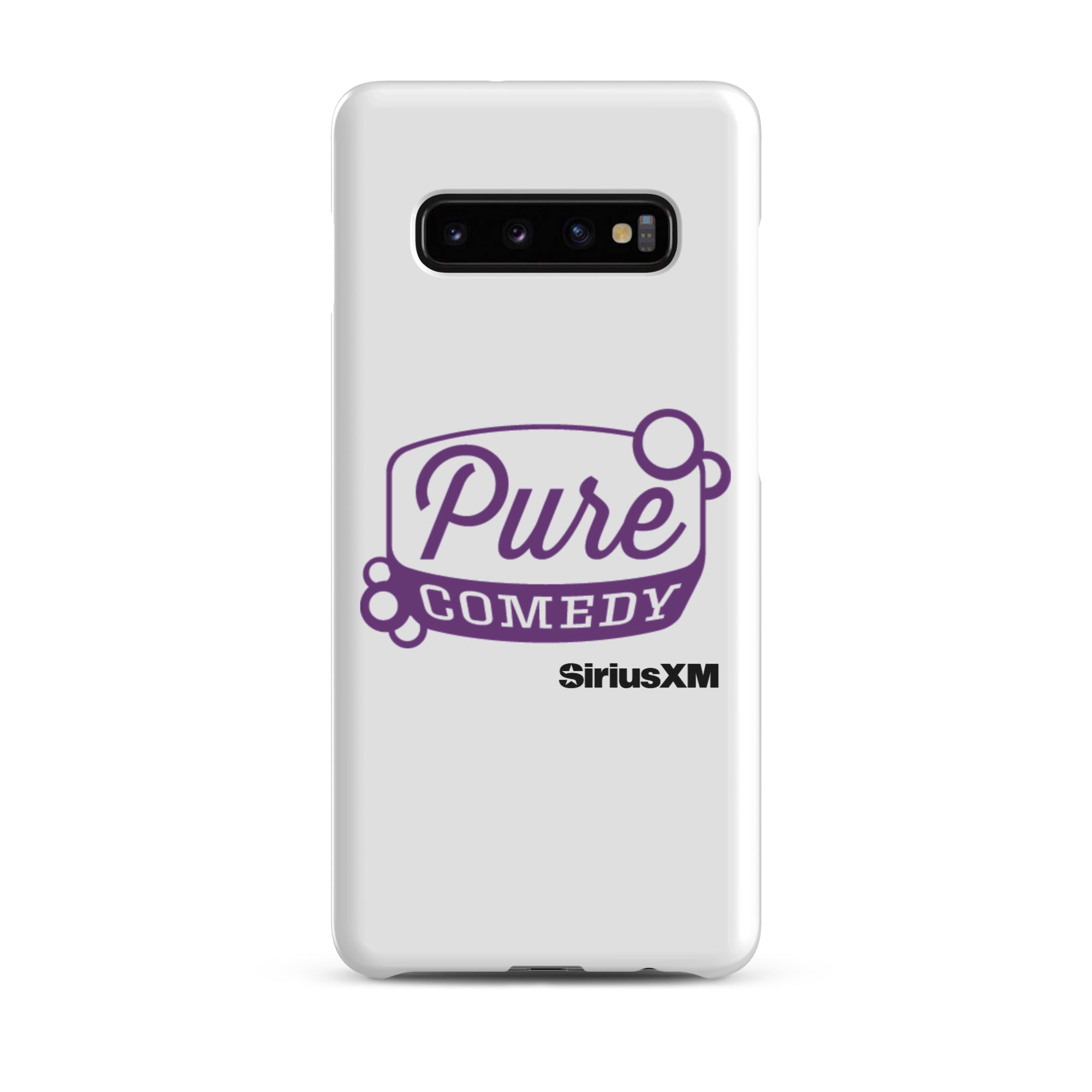 White phone case featuring 'Pure Comedy' in purple text and the 'SiriusXM' logo.