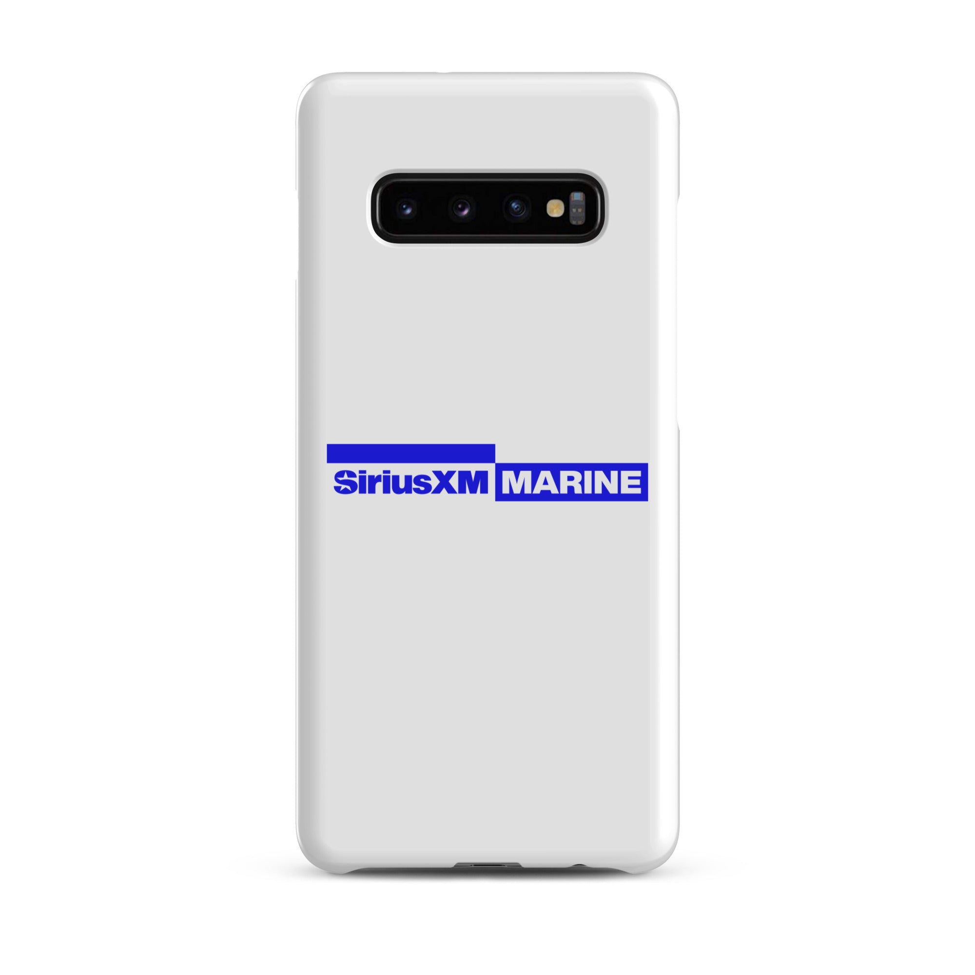 White phone case featuring the SiriusXM Marine logo in blue.