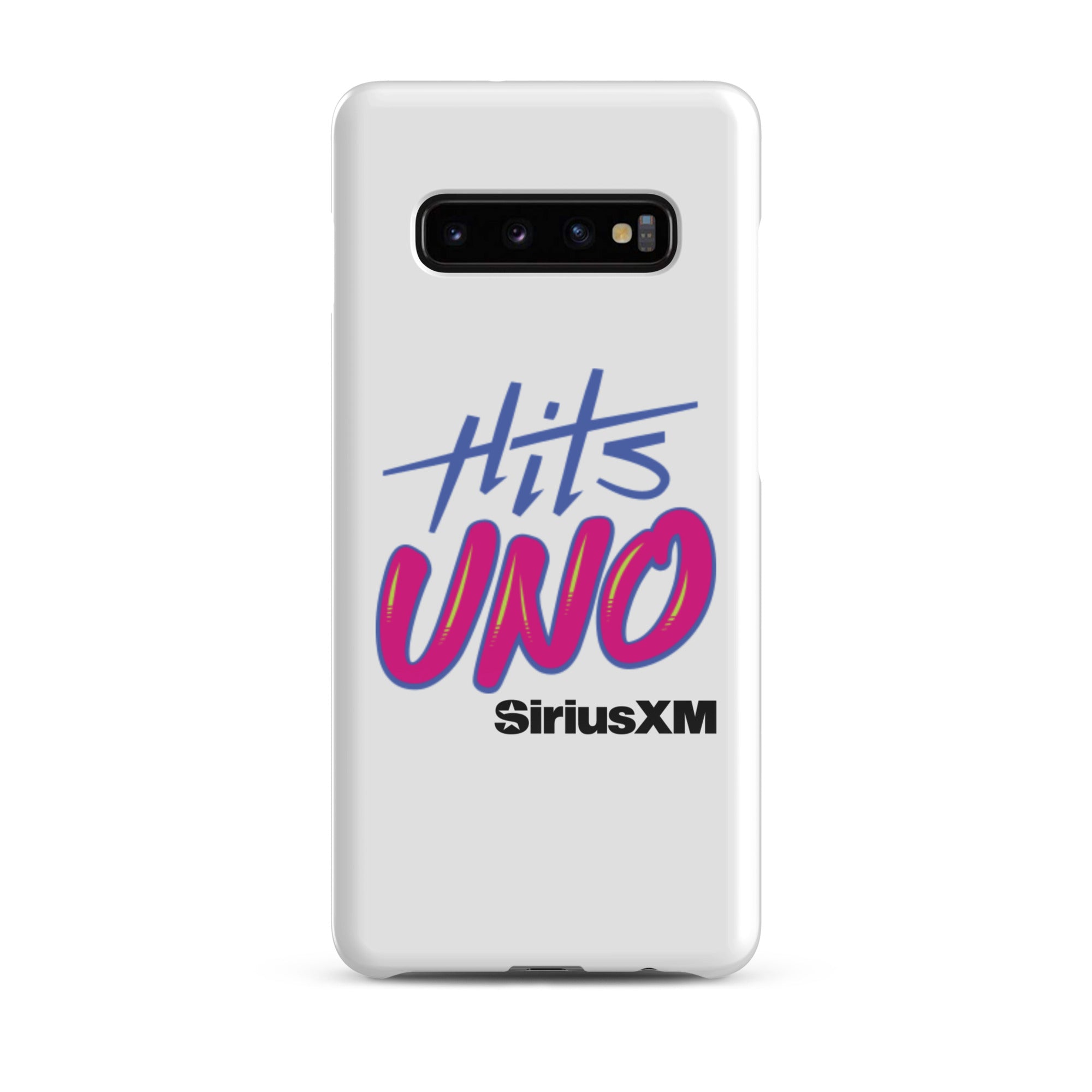 Phone case design featuring 'Hits UNO' and 'SiriusXM' in vibrant blue and pink colors on a white background.