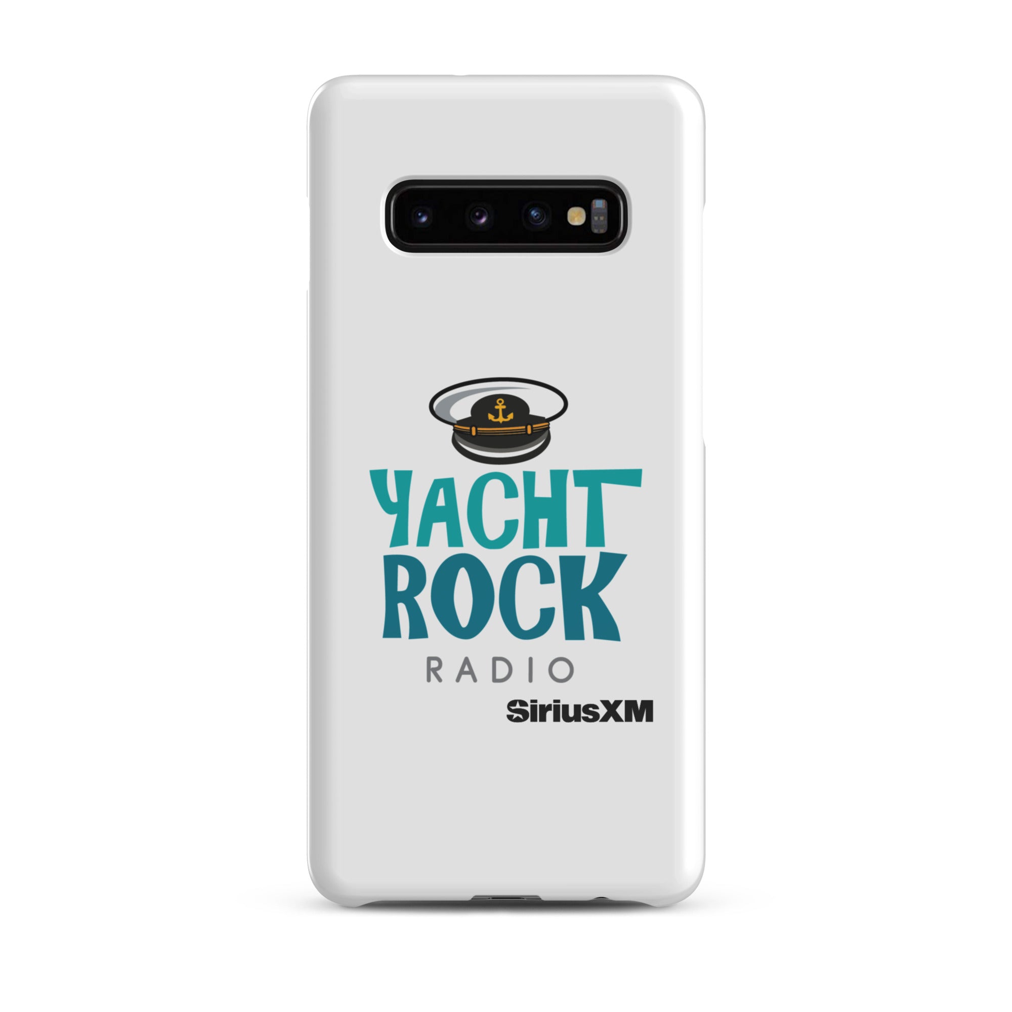 White phone case featuring 'Yacht Rock Radio' logo with a captain's hat and 'SiriusXM' branding.