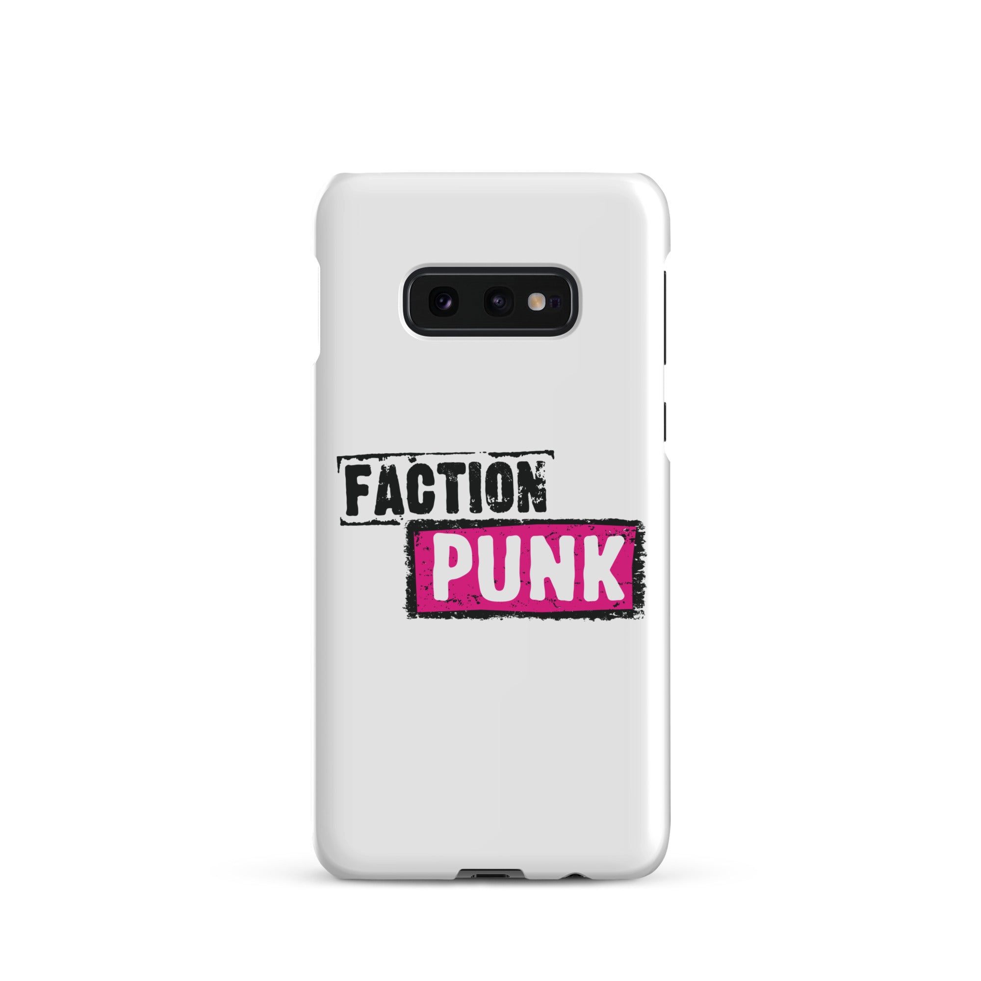 A white phone case with the words 'FACTION PUNK' in bold black and pink lettering.