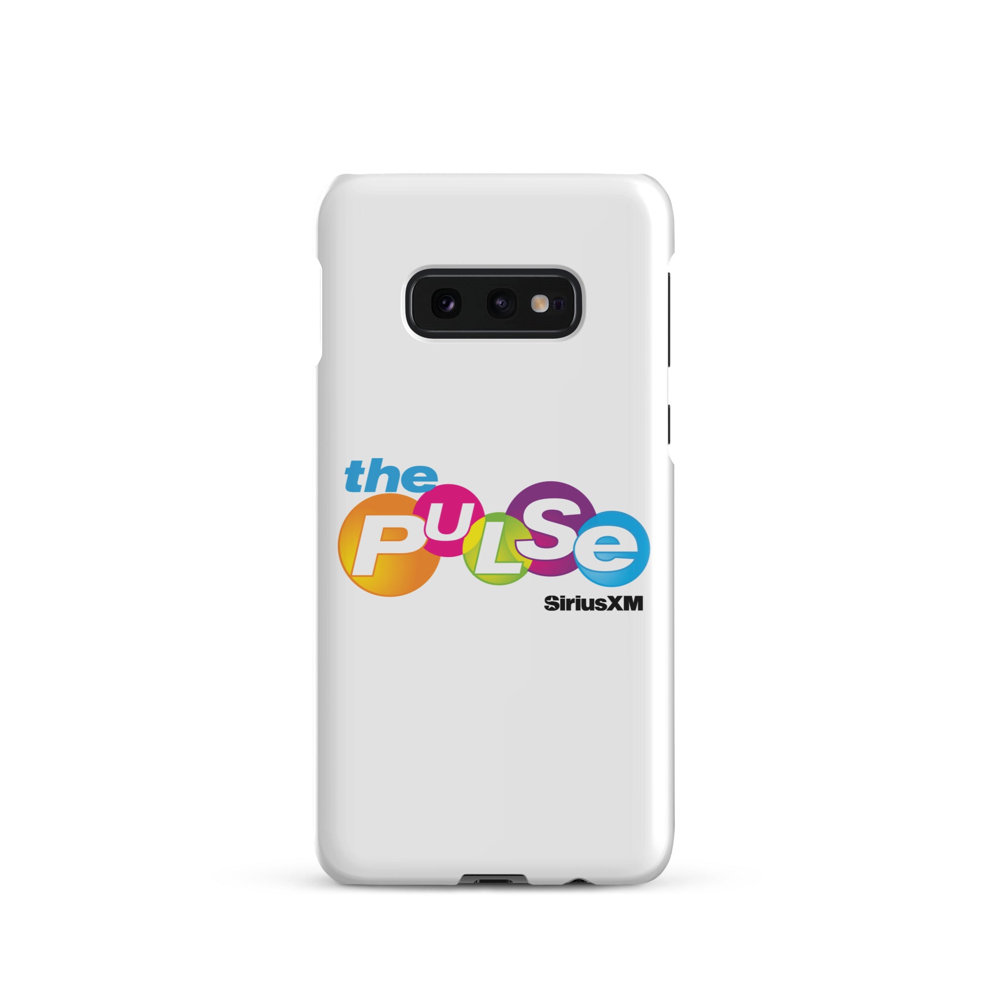 A white phone case featuring the colorful logo 'the PULSe SiriusXM.'