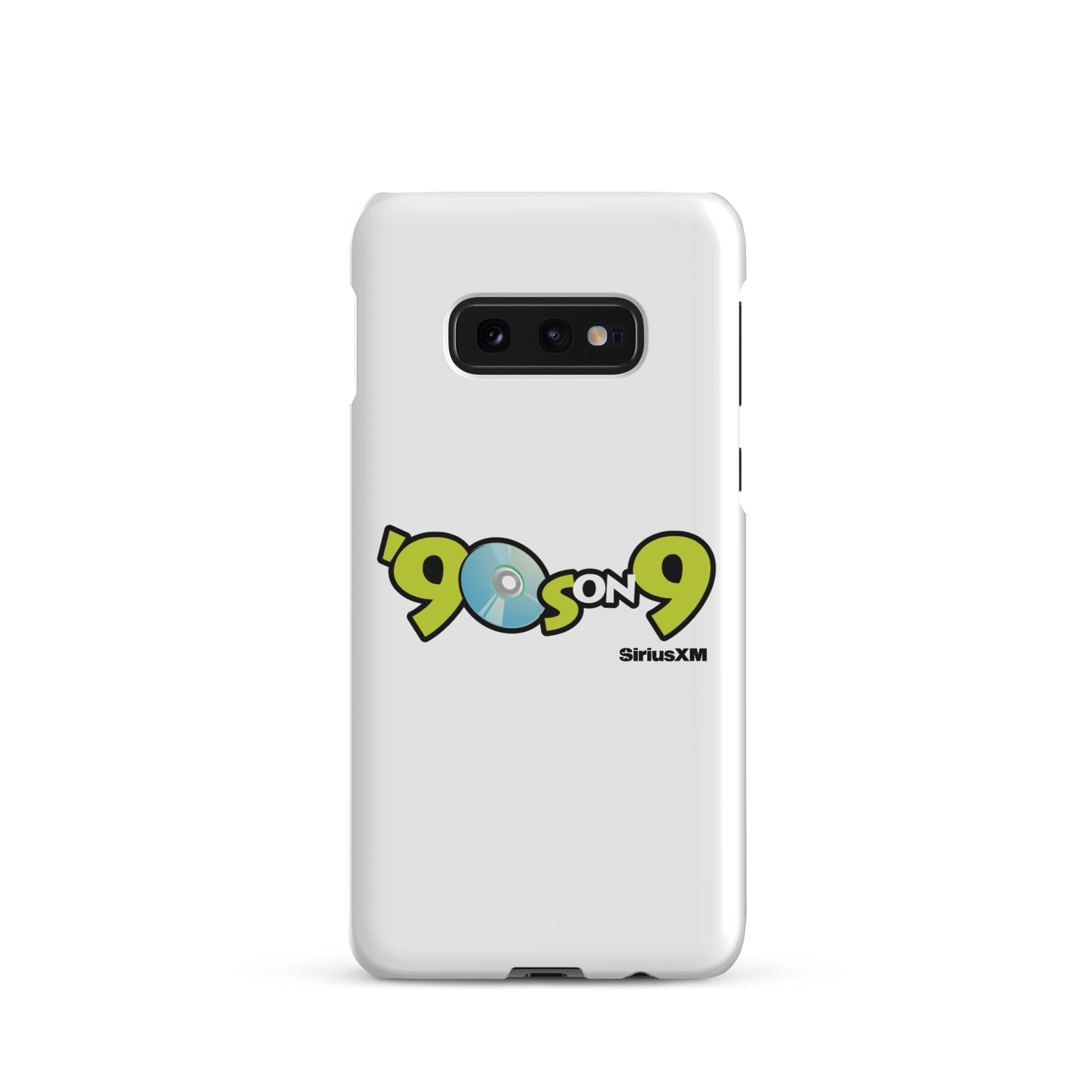 White phone case featuring the '90s on 9 SiriusXM' logo with a blue disc icon.