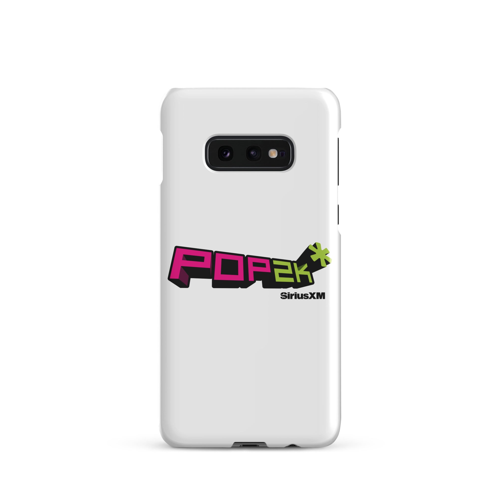 White phone case featuring the 'POP2K' logo with 'SiriusXM' branding in bold pink and green colors.