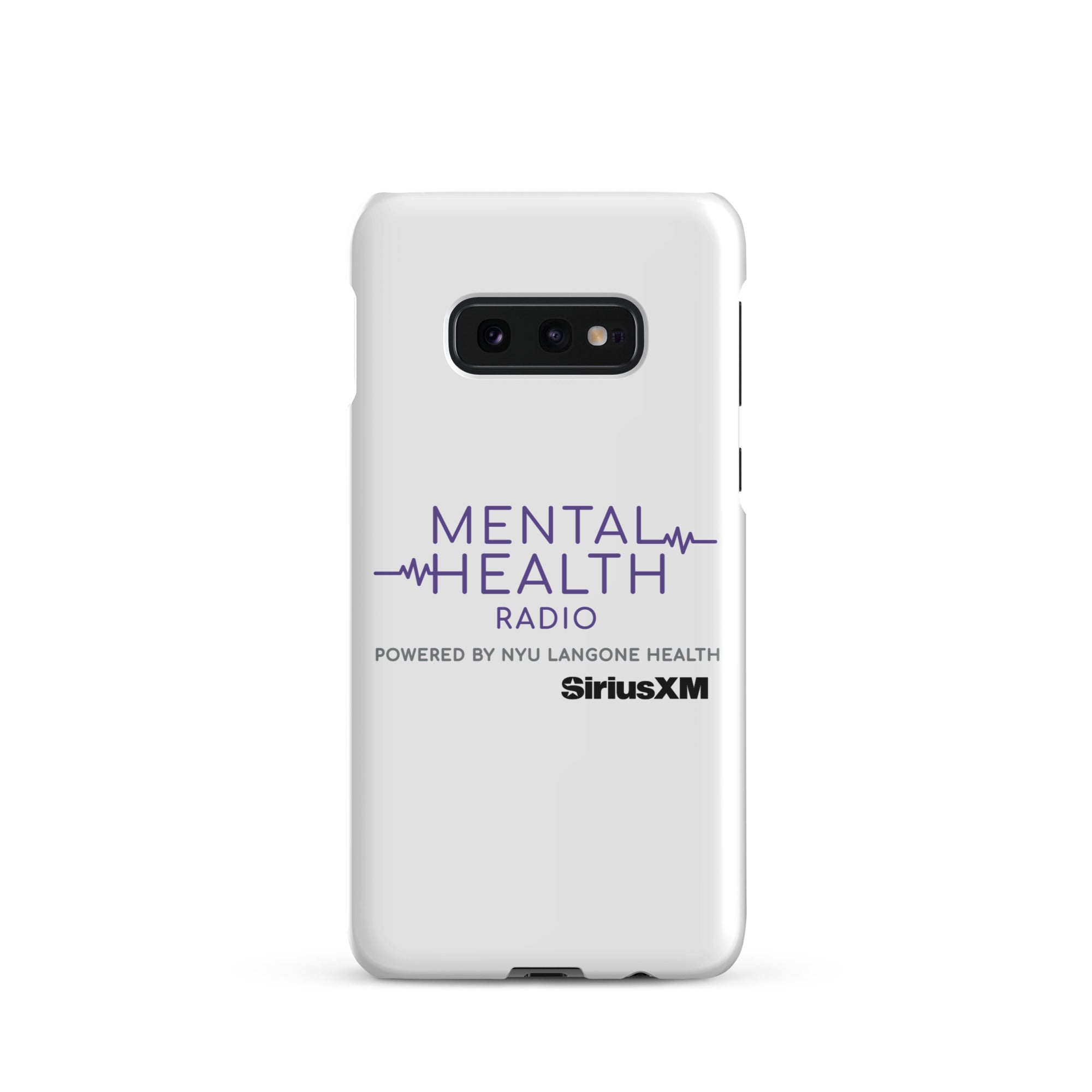 White phone case featuring 'MENTAL HEALTH RADIO powered by NYU Langone Health' logo and 'SiriusXM' branding.