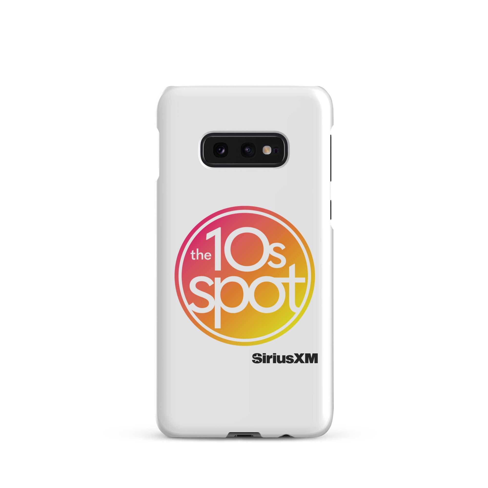 White phone case featuring 'the 10s spot' logo in a pink and yellow gradient and 'SiriusXM' branding.