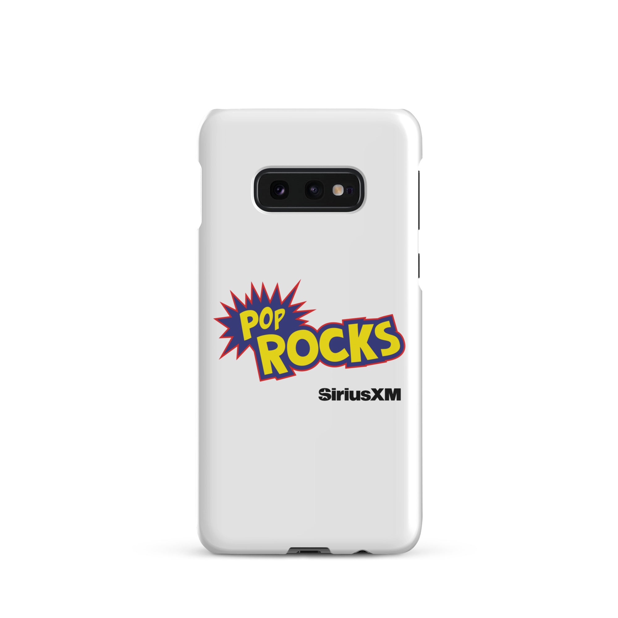 A white phone case featuring 'Pop Rocks' explosion graphic design  'SiriusXM' logo.