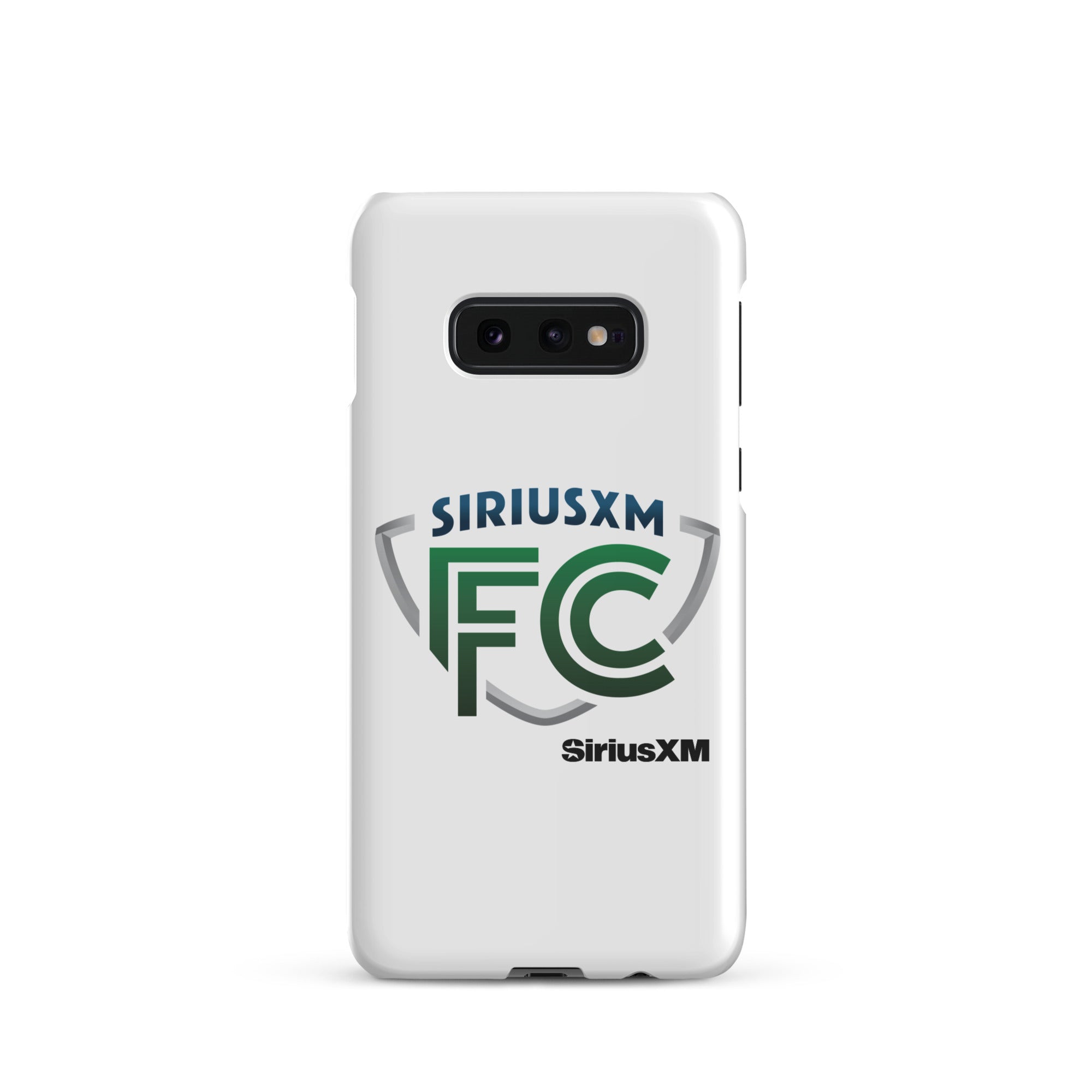 White phone case featuring 'SiriusXM FC' logo in green and blue.