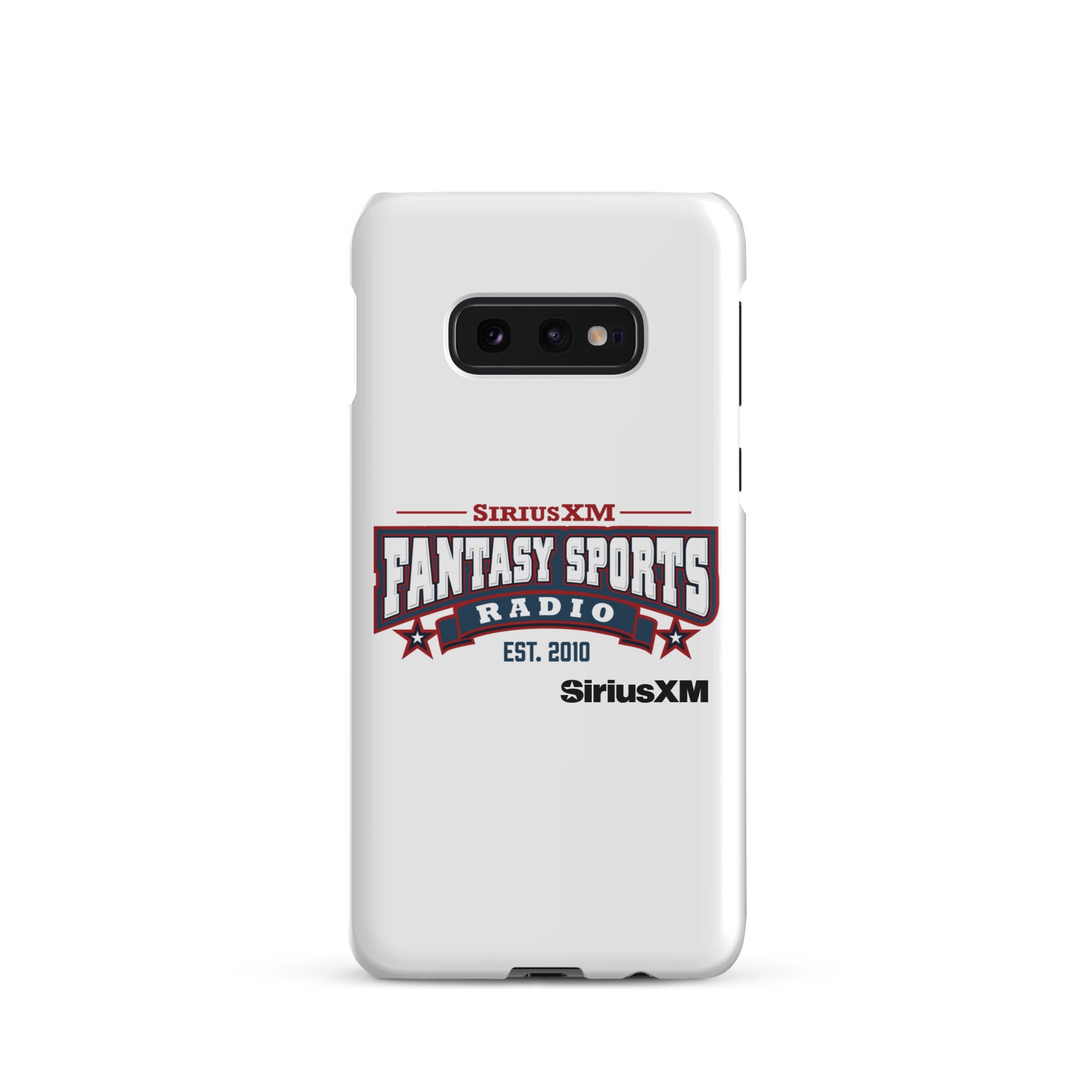 White phone case with 'SiriusXM Fantasy Sports Radio established 2010' logo, featuring red and blue design elements.