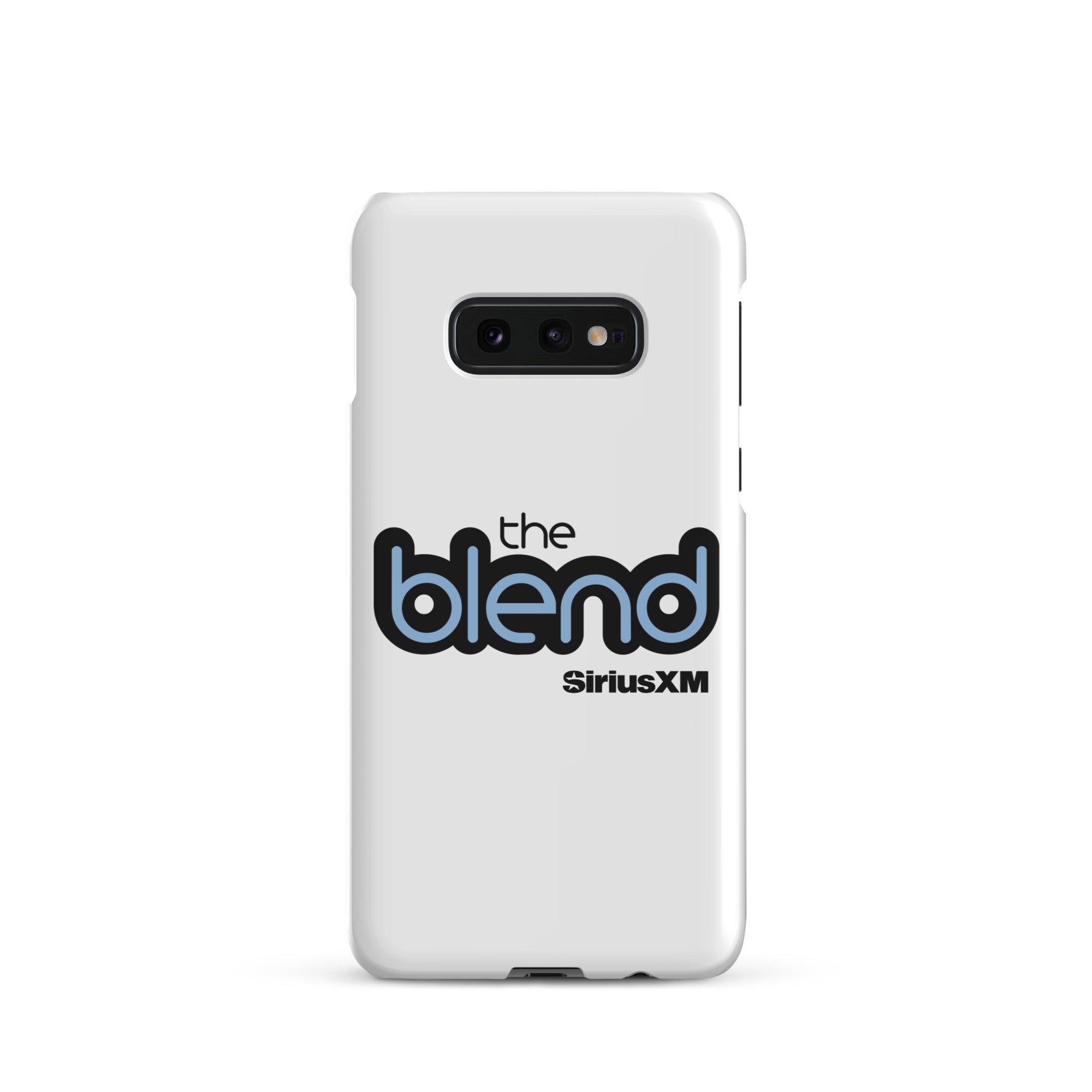 White phone case featuring the logo 'the blend' and 'SiriusXM' in blue and black text.