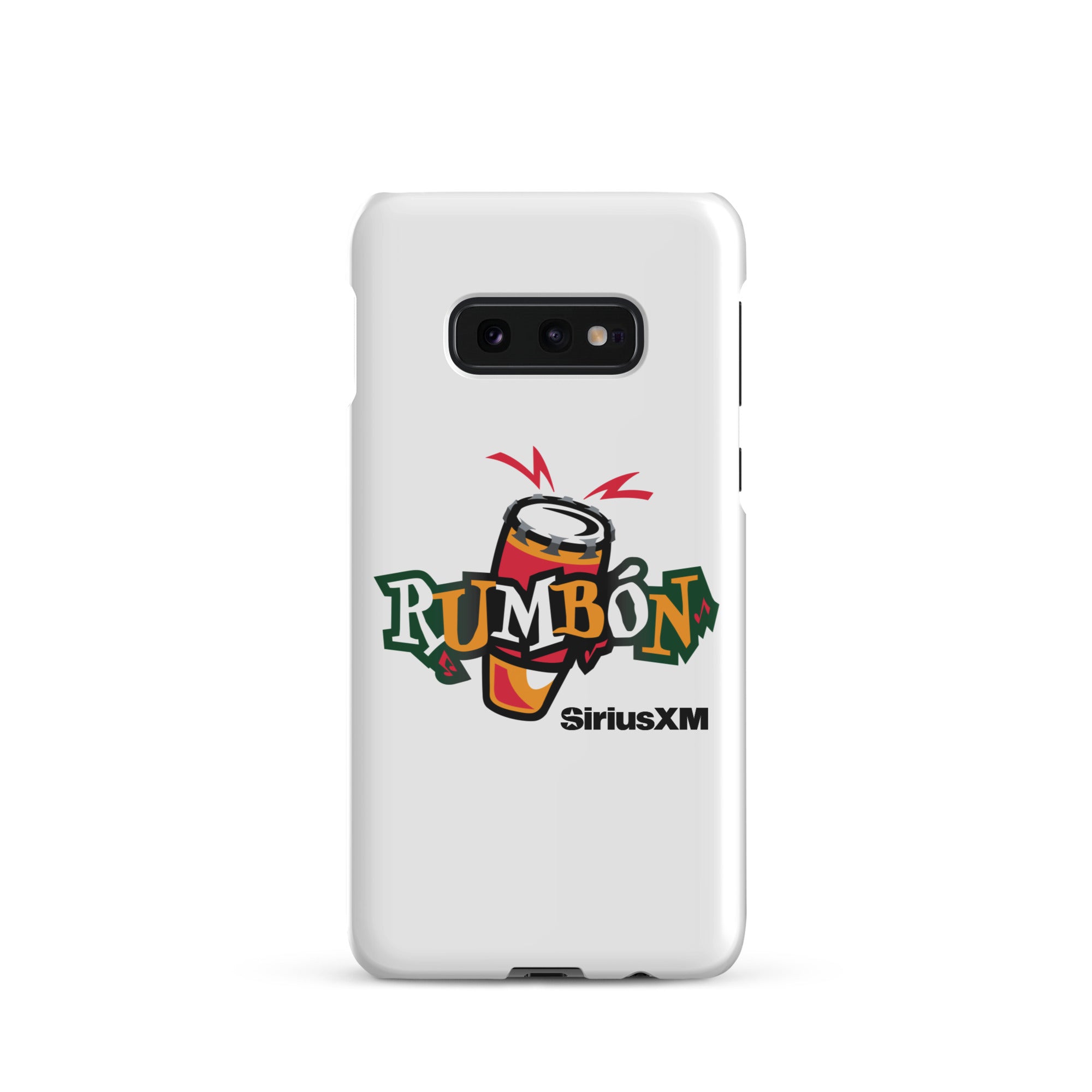 White phone case featuring a colorful 'Rumbón' logo with a conga drum and 'SiriusXM' branding.