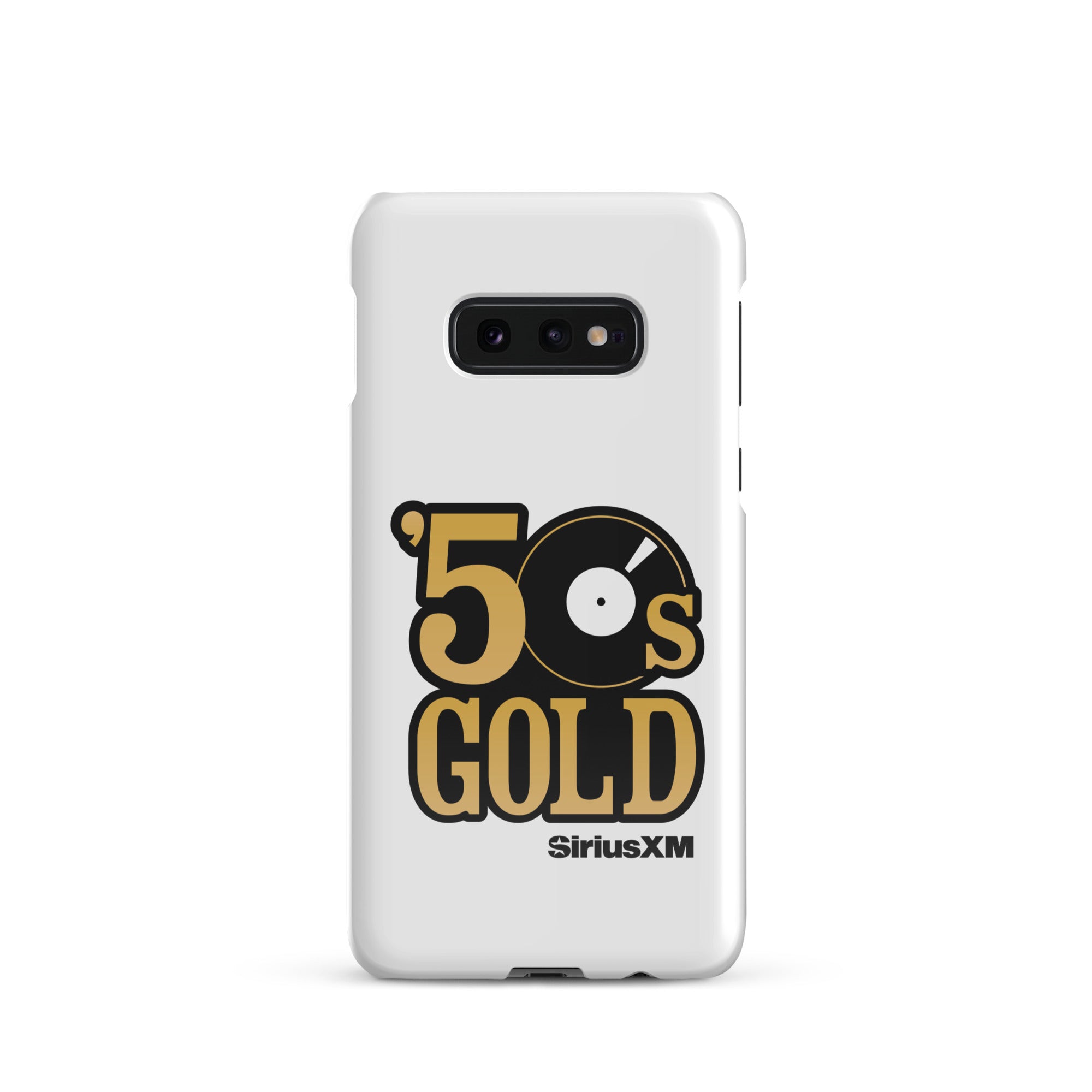 A white phone case featuring '50s GOLD' logo and 'SiriusXM' branding.