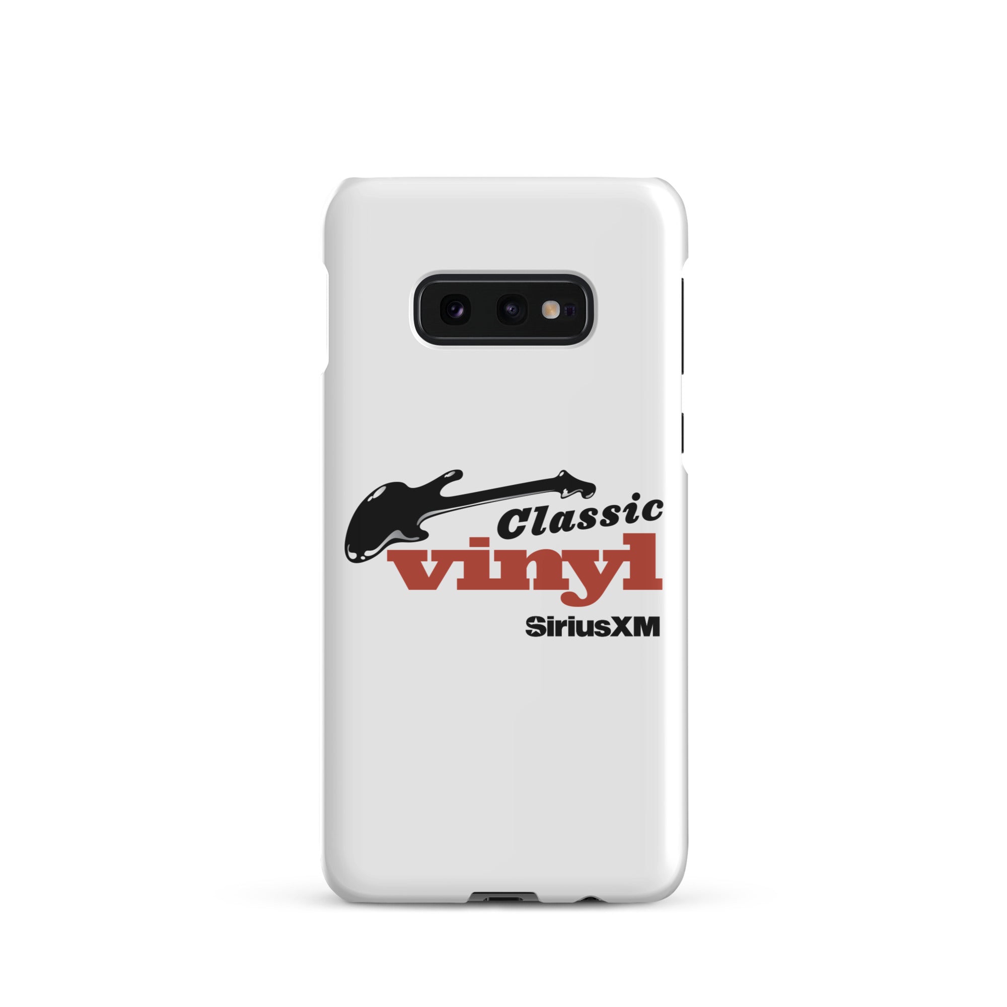 White phone case featuring 'Classic Vinyl' logo in red and black, and a black guitar graphic, with 'SiriusXM' logo.