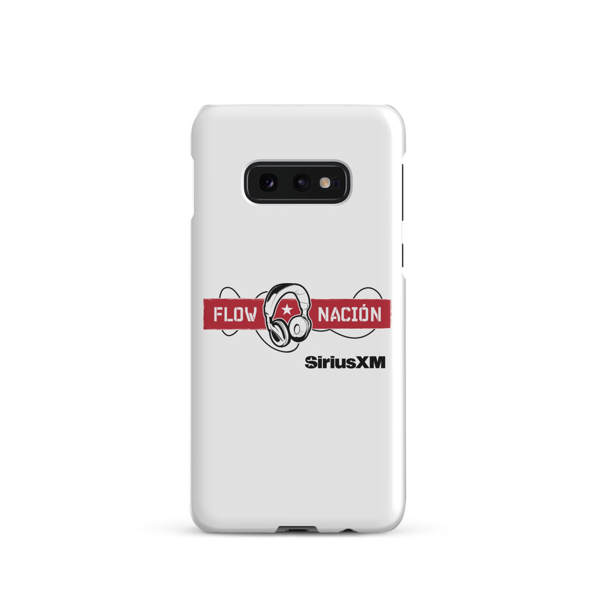 A white phone case featuring the 'FLOW NACIÓN' logo with headphones and the 'SiriusXM' branding.