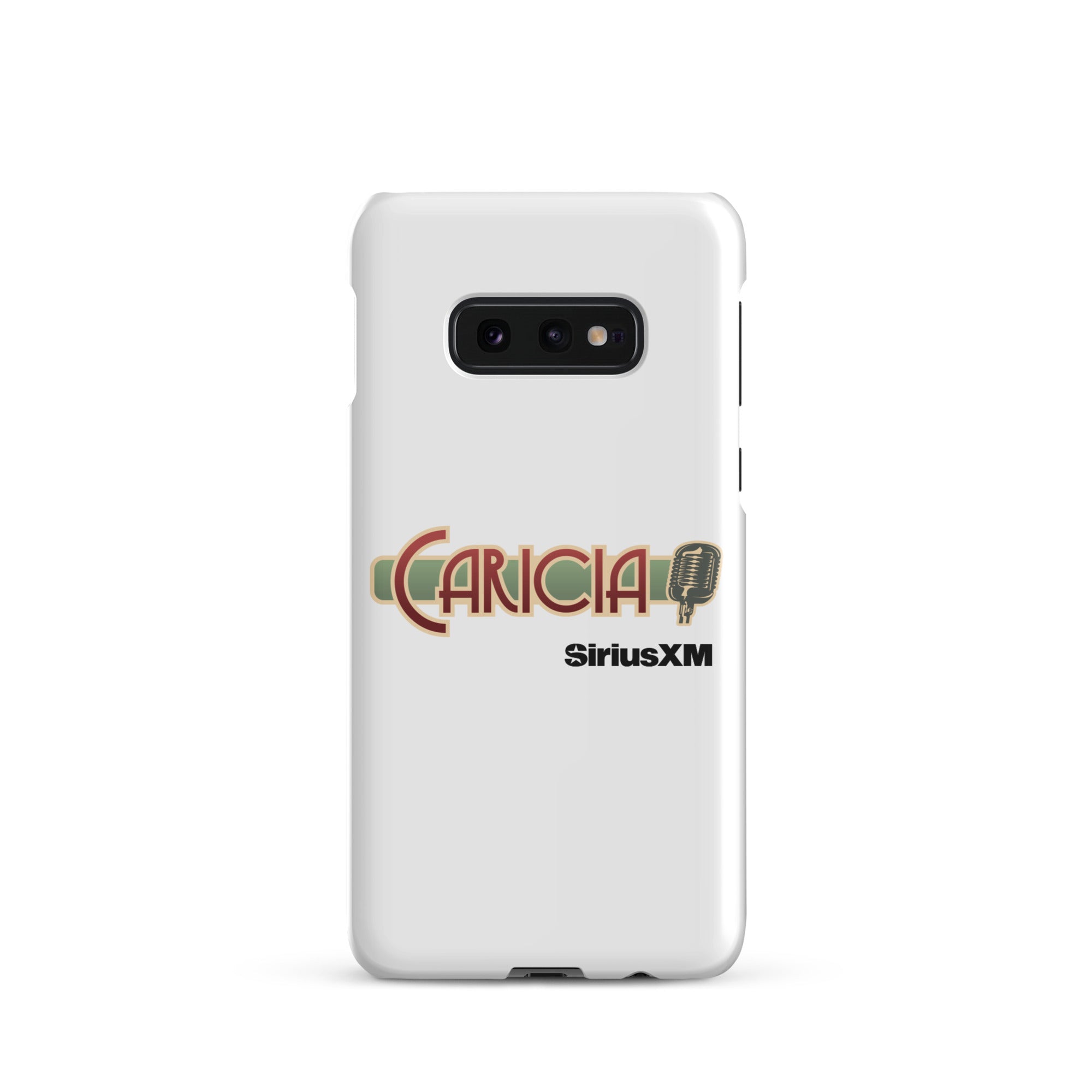 White phone case featuring the text 'CARICIA' and 'SiriusXM' with a microphone graphic.