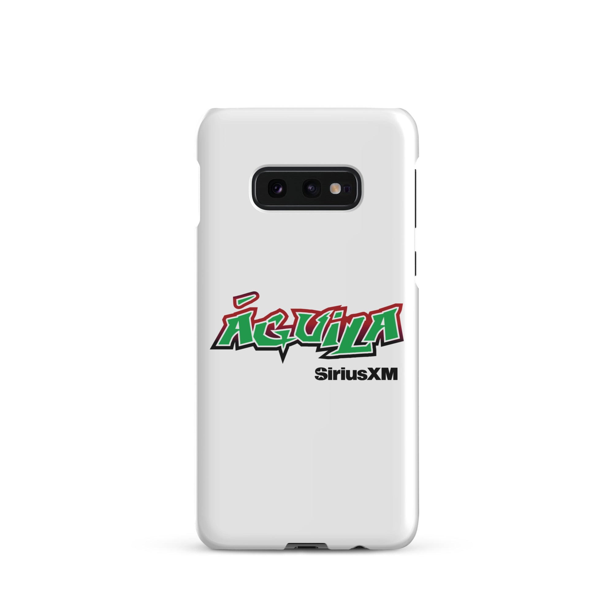 White smartphone case featuring 'Águila' in green and red text with 'SiriusXM' below.