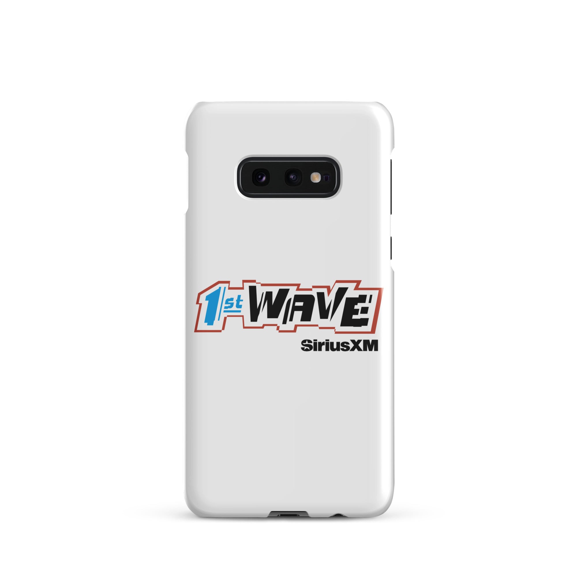 White phone case featuring 'SiriusXM 1st Wave' logo and black 'SiriusXM' branding.