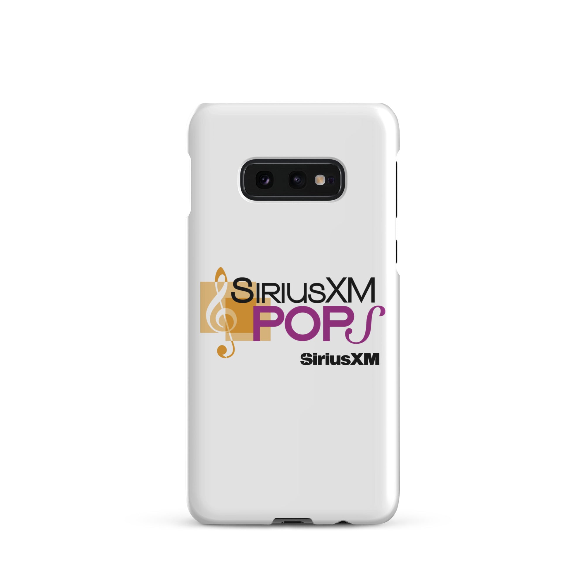 White phone case with 'SiriusXM Pops' logo featuring musical notes and 'SiriusXM' branding.