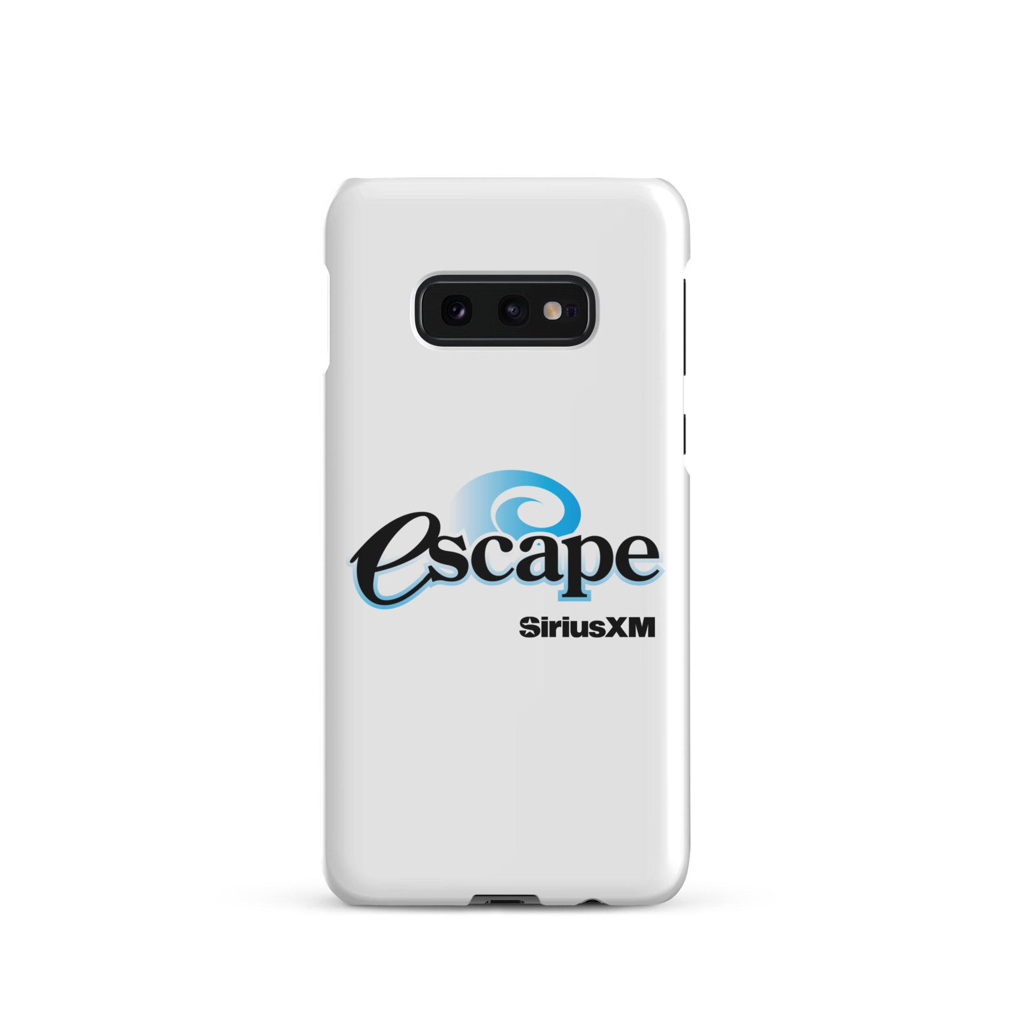 White phone case featuring the 'escape' logo and 'SiriusXM' branding.