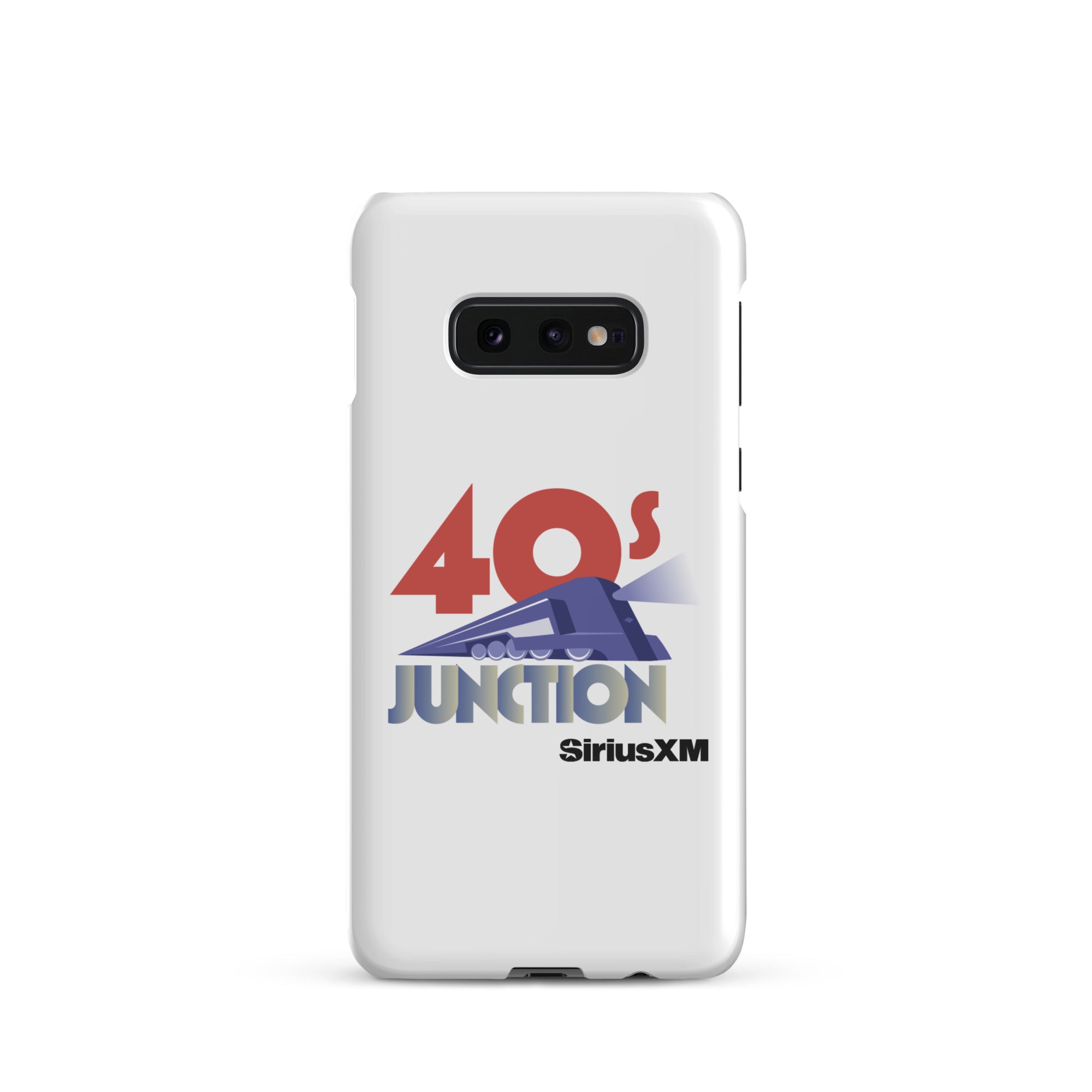 White phone case featuring a design with '40s Junction' and a train graphic, branded with 'SiriusXM.'