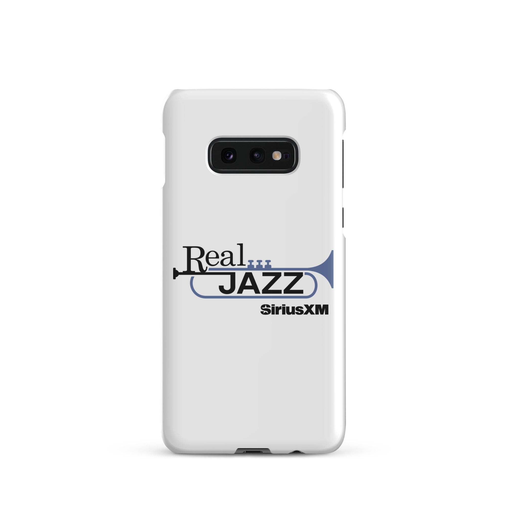 White phone case featuring 'Real Jazz' logo with trumpet and 'SiriusXM' text.