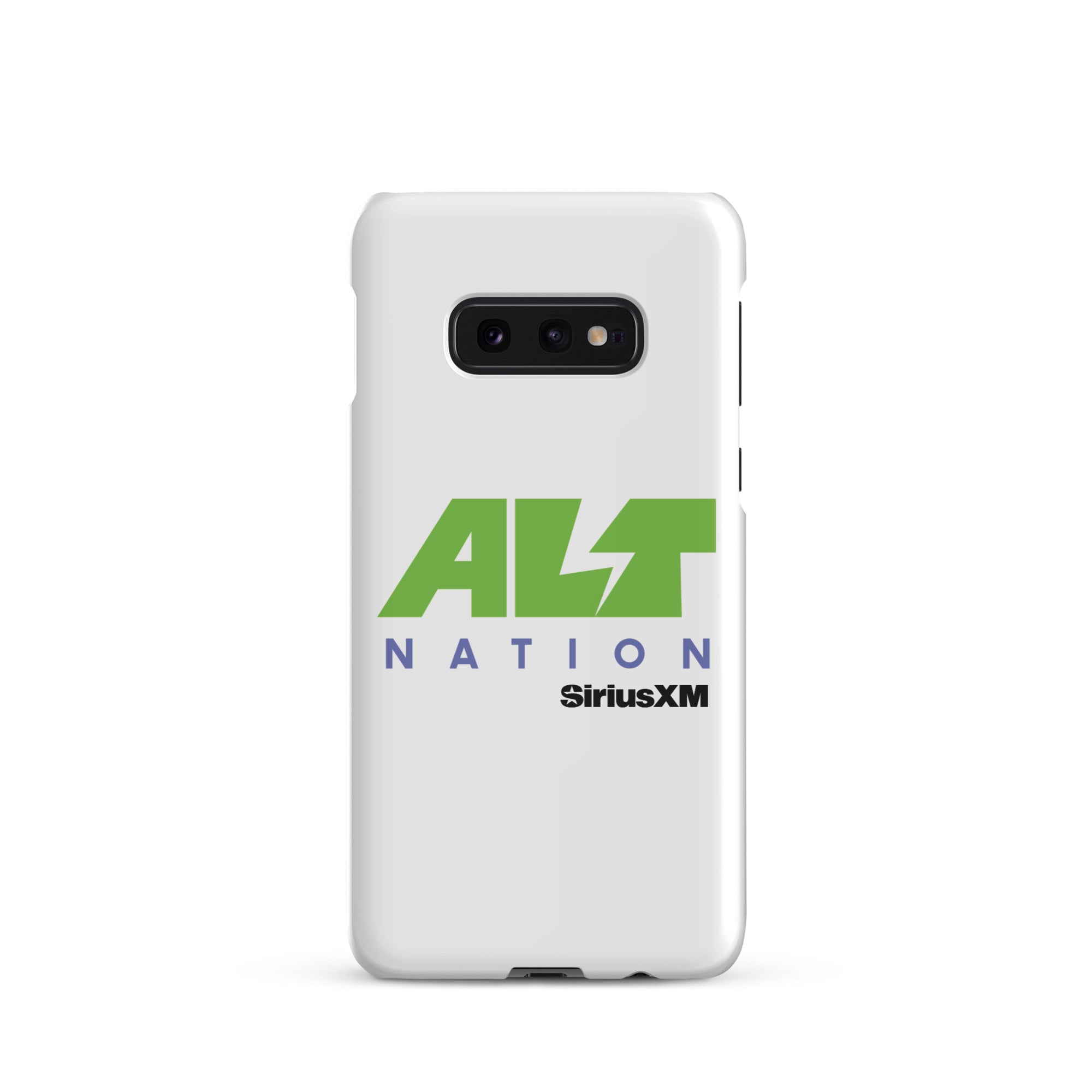 White phone case featuring 'ALT NATION' logo with green and blue text, alongside 'SiriusXM' branding.