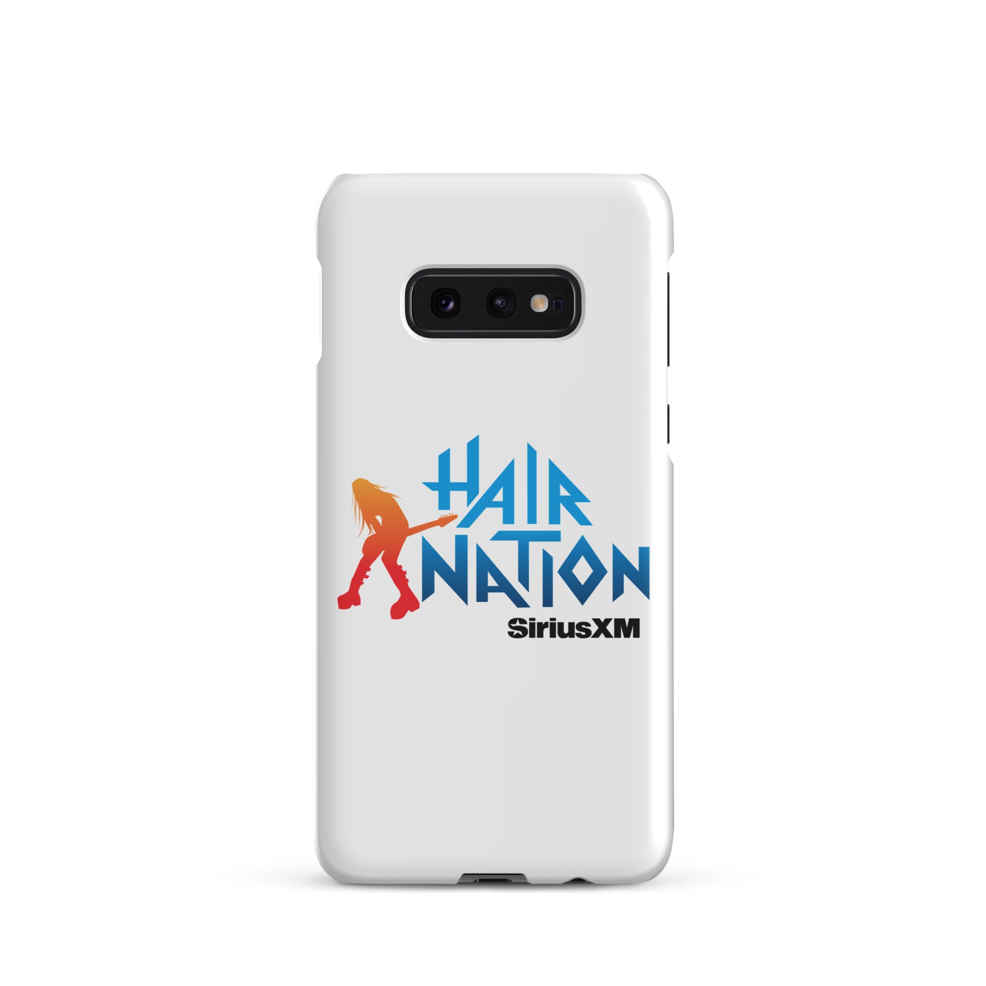 White phone case featuring the 'Hair Nation' logo in blue and orange with a colorful silhouette of a guitarist and black 'SiriusXM' branding.