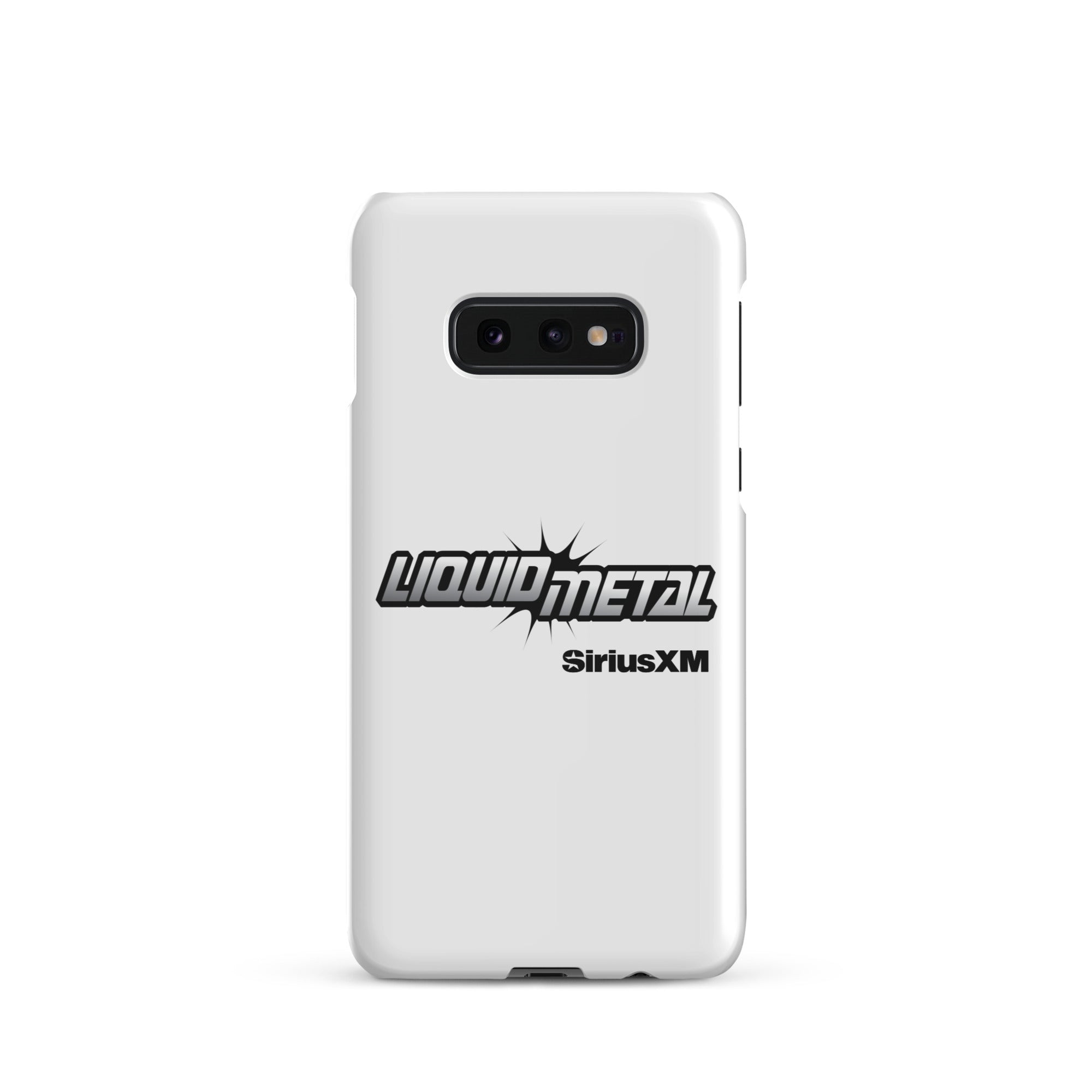 White phone case featuring 'LIQUID METAL' logo and 'SiriusXM' branding.