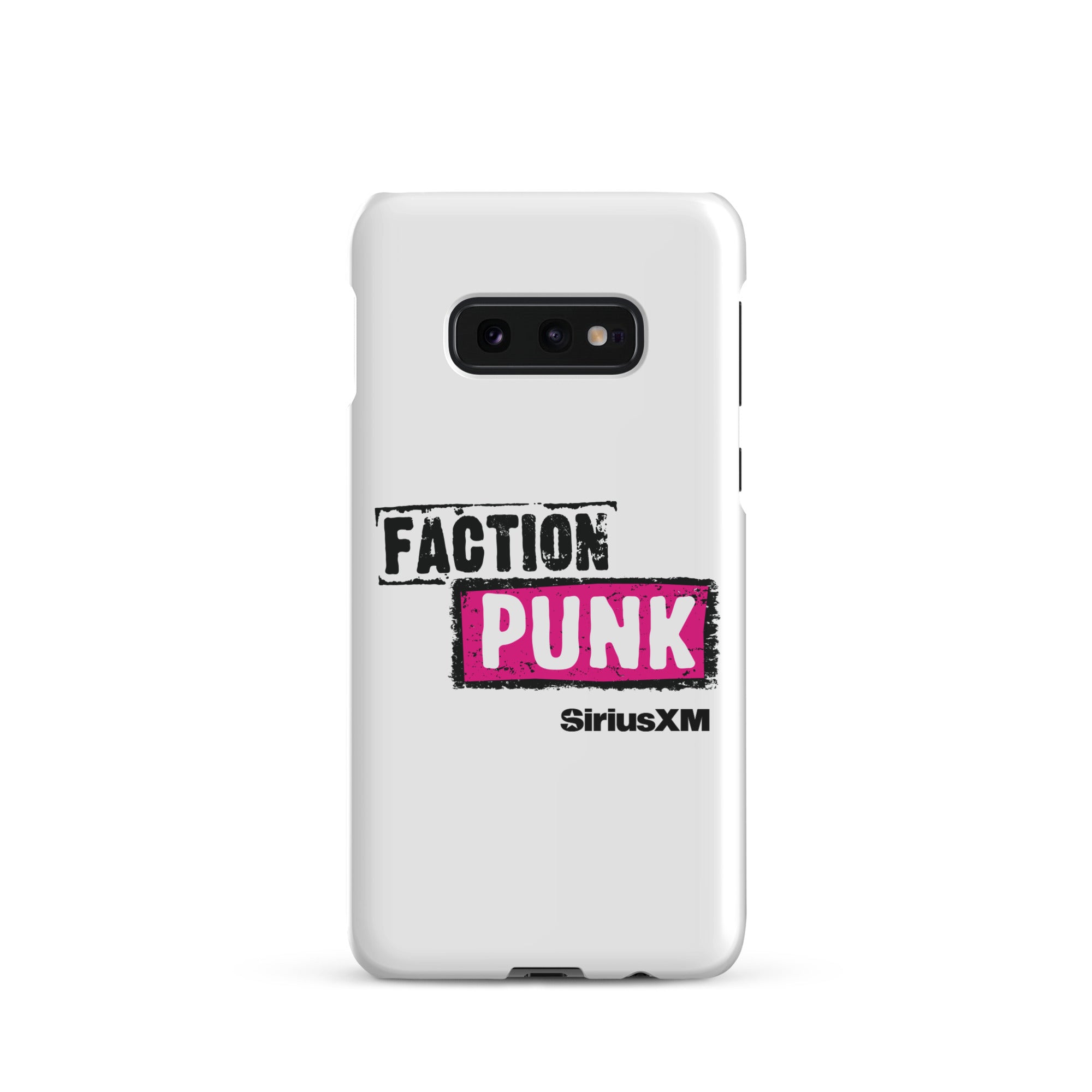 A white phone case with the words 'FACTION PUNK' in bold black and pink lettering and 'SiriusXM' branding.