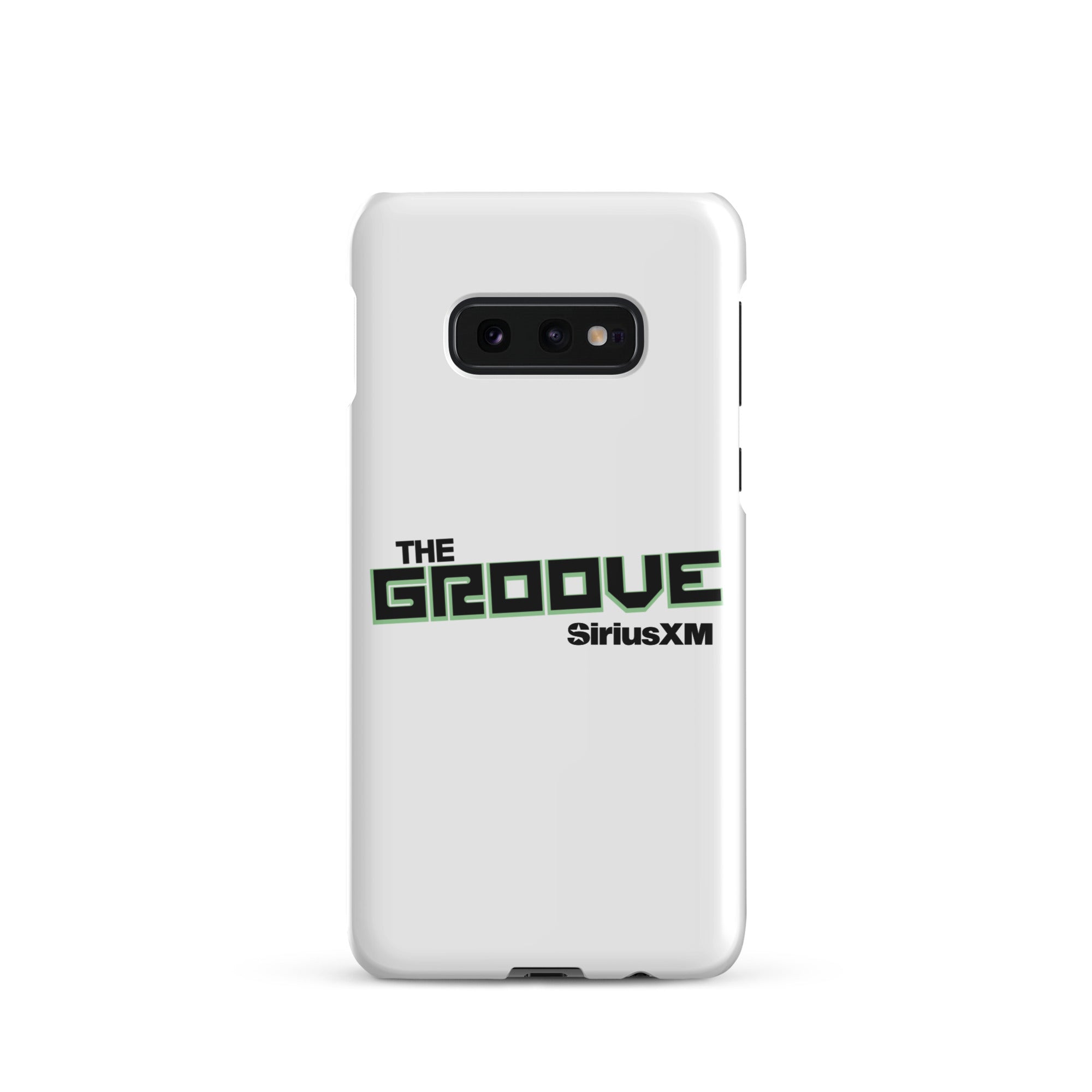 White phone case featuring 'THE GROOVE' and 'SiriusXM' logos in green and black.