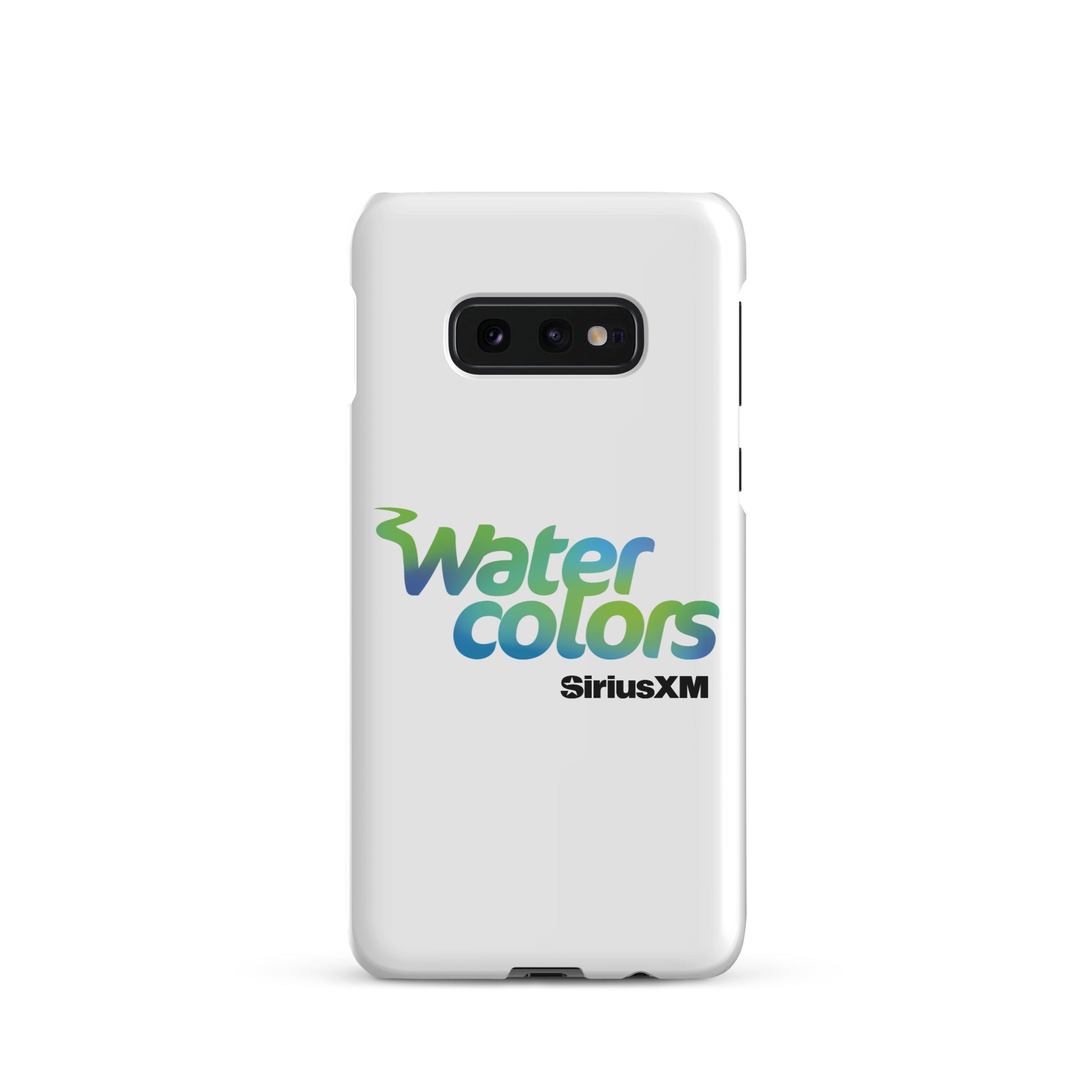 White smartphone case with 'Water colors' logo in blue and green, and 'SiriusXM' in black.