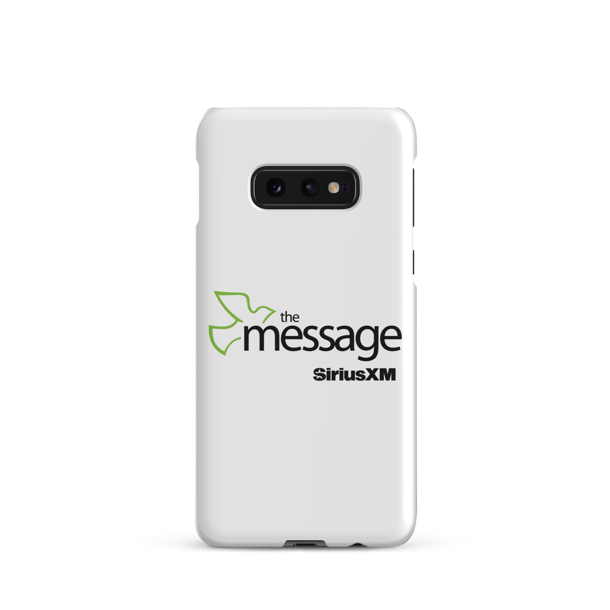 White phone case featuring 'the message' logo alongside 'SiriusXM' branding.