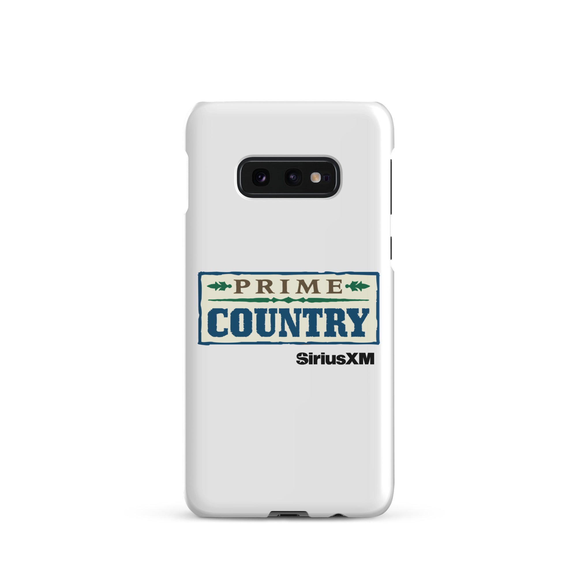 White phone case featuring the 'Prime Country' logo and 'SiriusXM' branding.