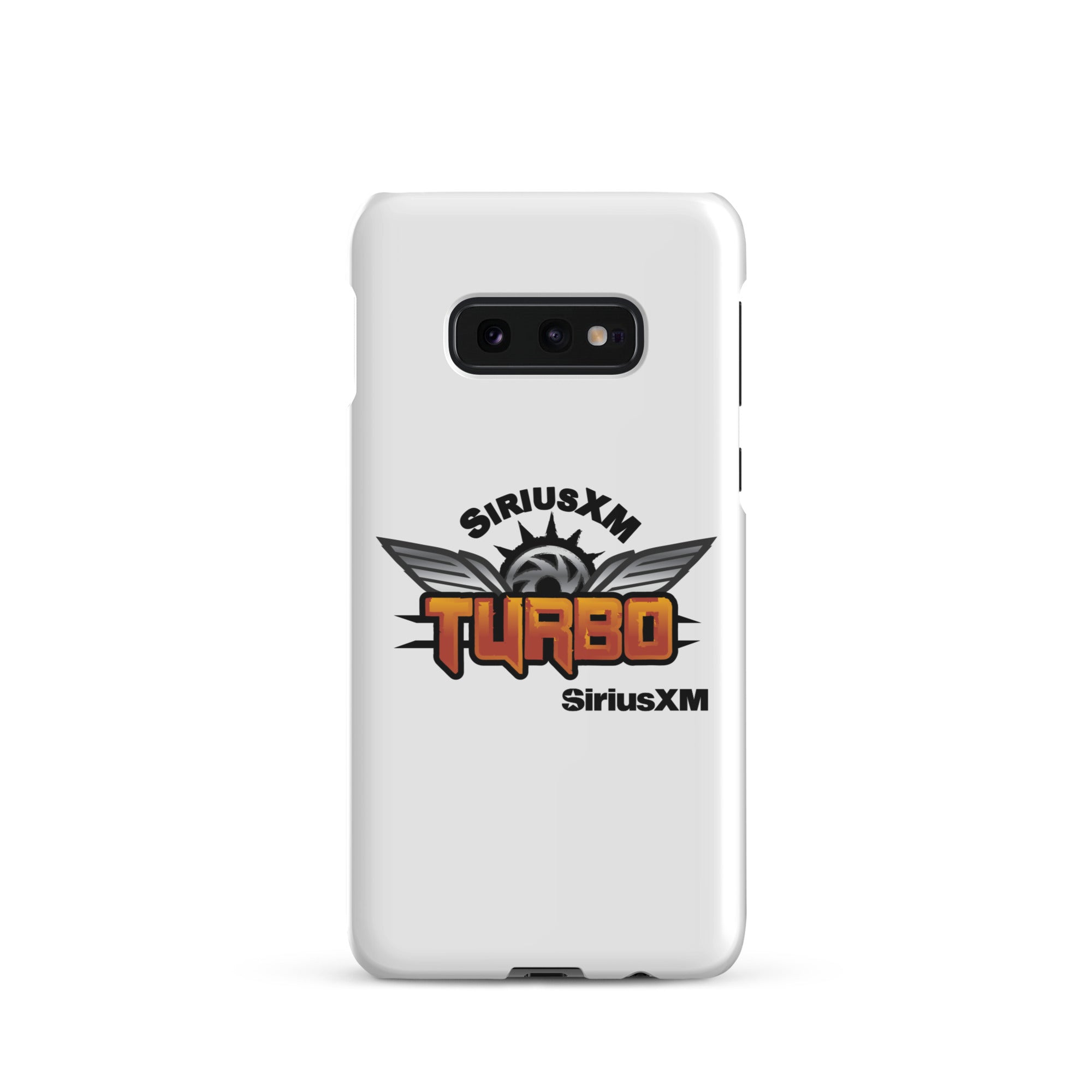 White phone case featuring 'SiriusXM Turbo' logo with wings and sun graphics and 'SiriusXM' branding.