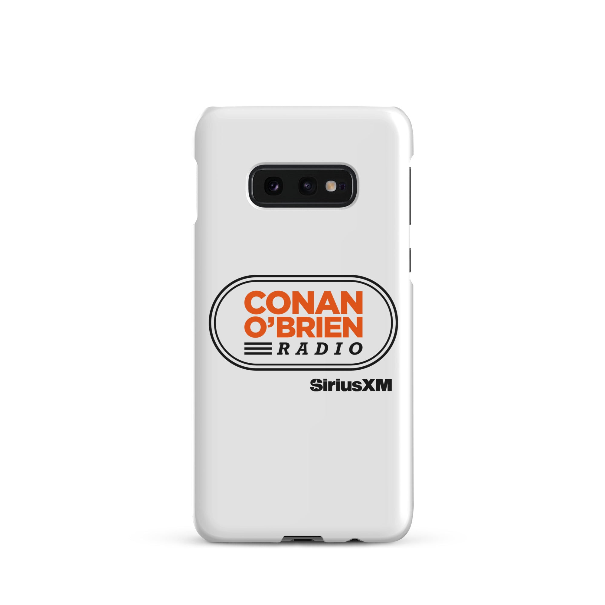 White phone case featuring 'CONAN O'BRIEN RADIO' and 'SiriusXM' logos.