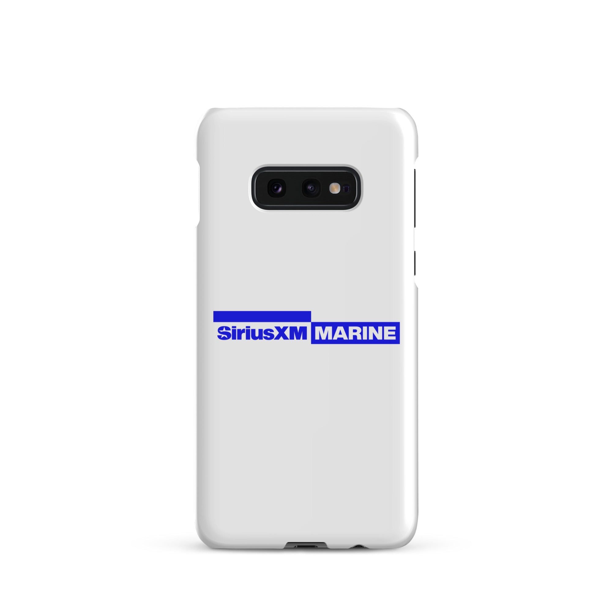 White phone case featuring the SiriusXM Marine logo in blue.