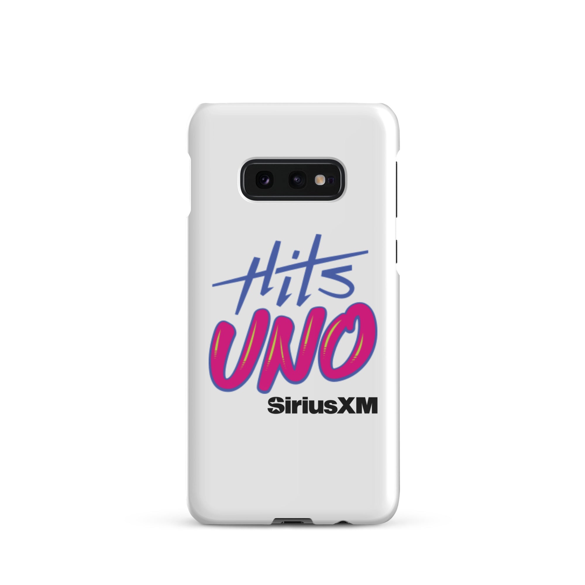 Phone case design featuring 'Hits UNO' and 'SiriusXM' in vibrant blue and pink colors on a white background.