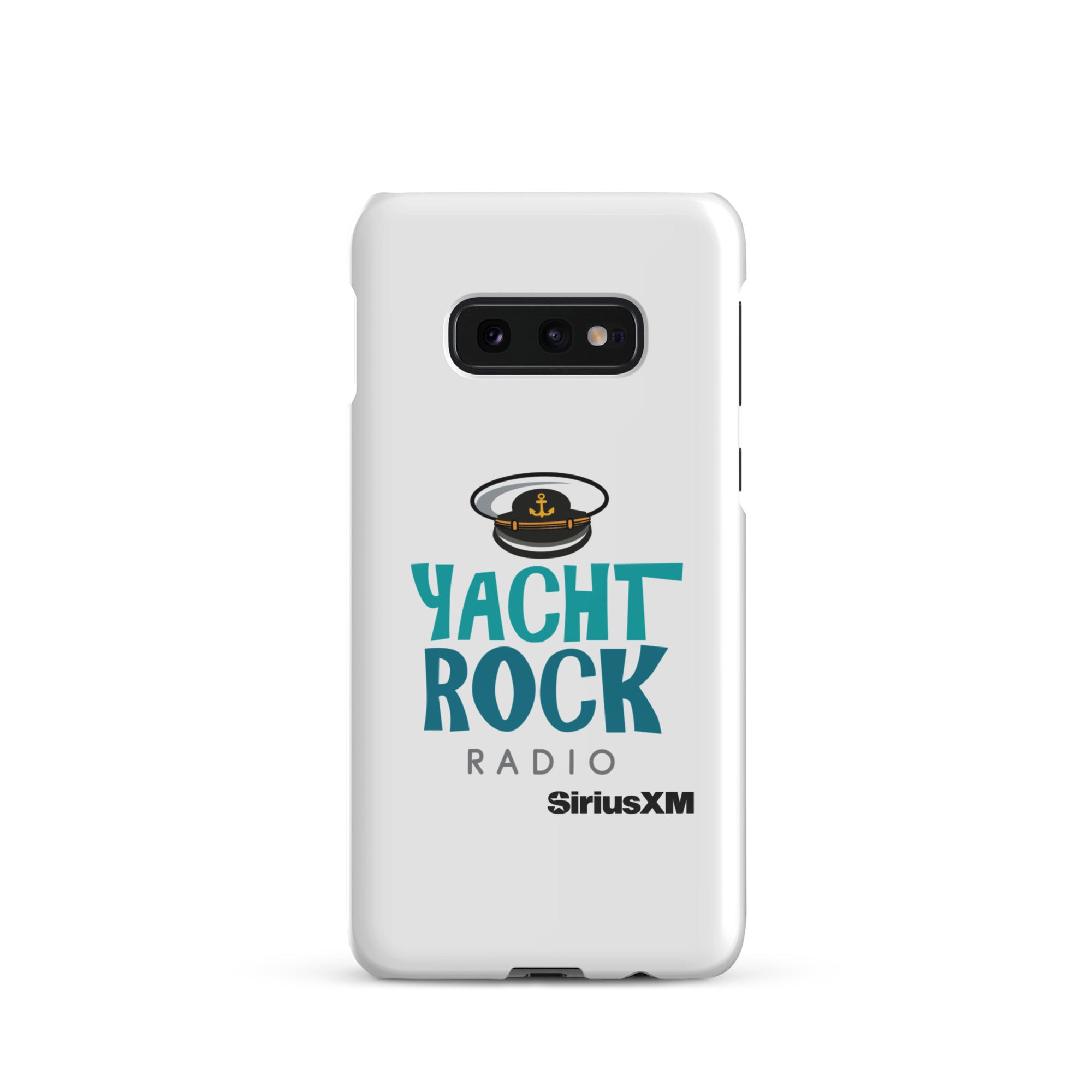 White phone case featuring 'Yacht Rock Radio' logo with a captain's hat and 'SiriusXM' branding.