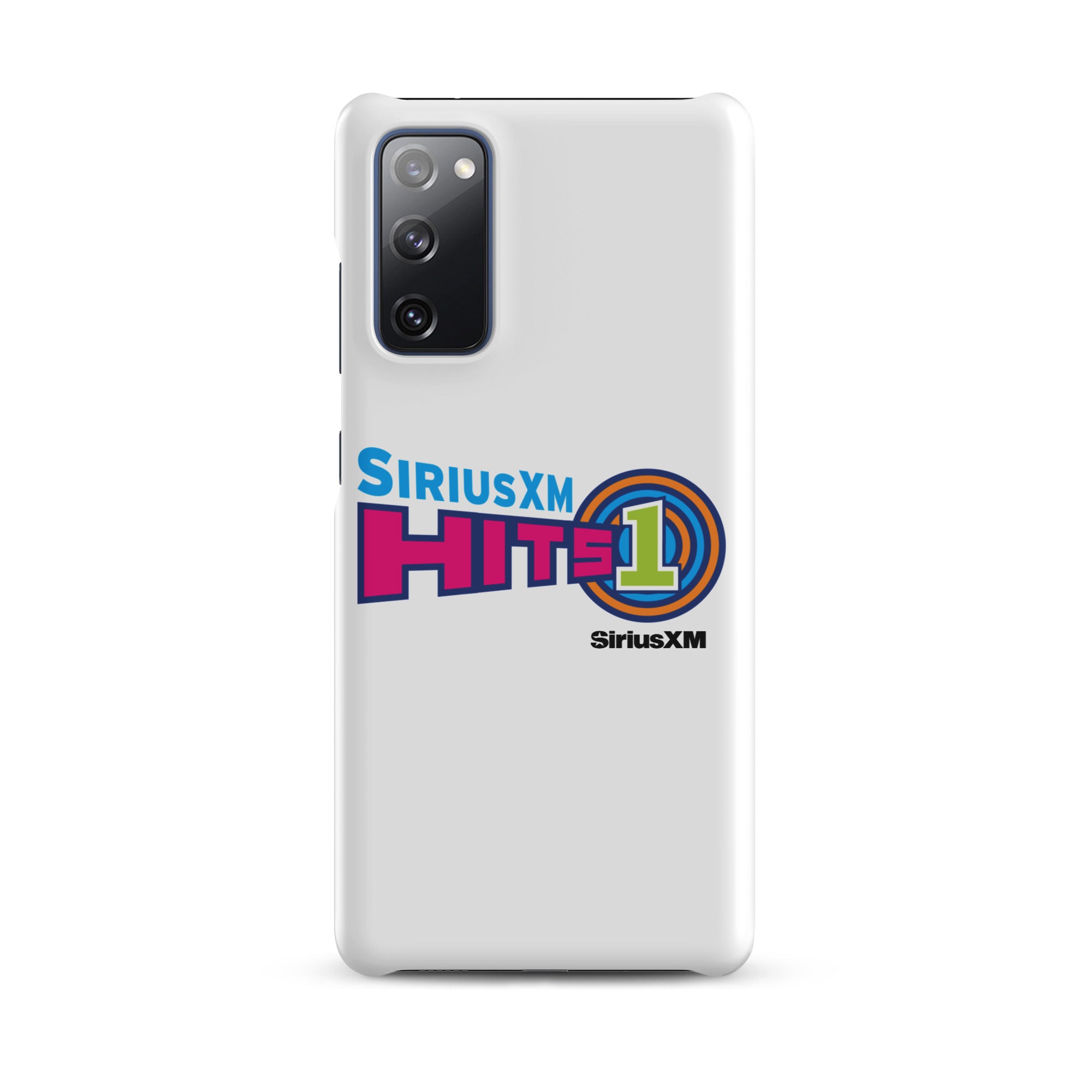 White phone case with 'SiriusXM Hits 1' logo, featuring colors pink, blue, and green design elements and 'SiriusXM' branding.